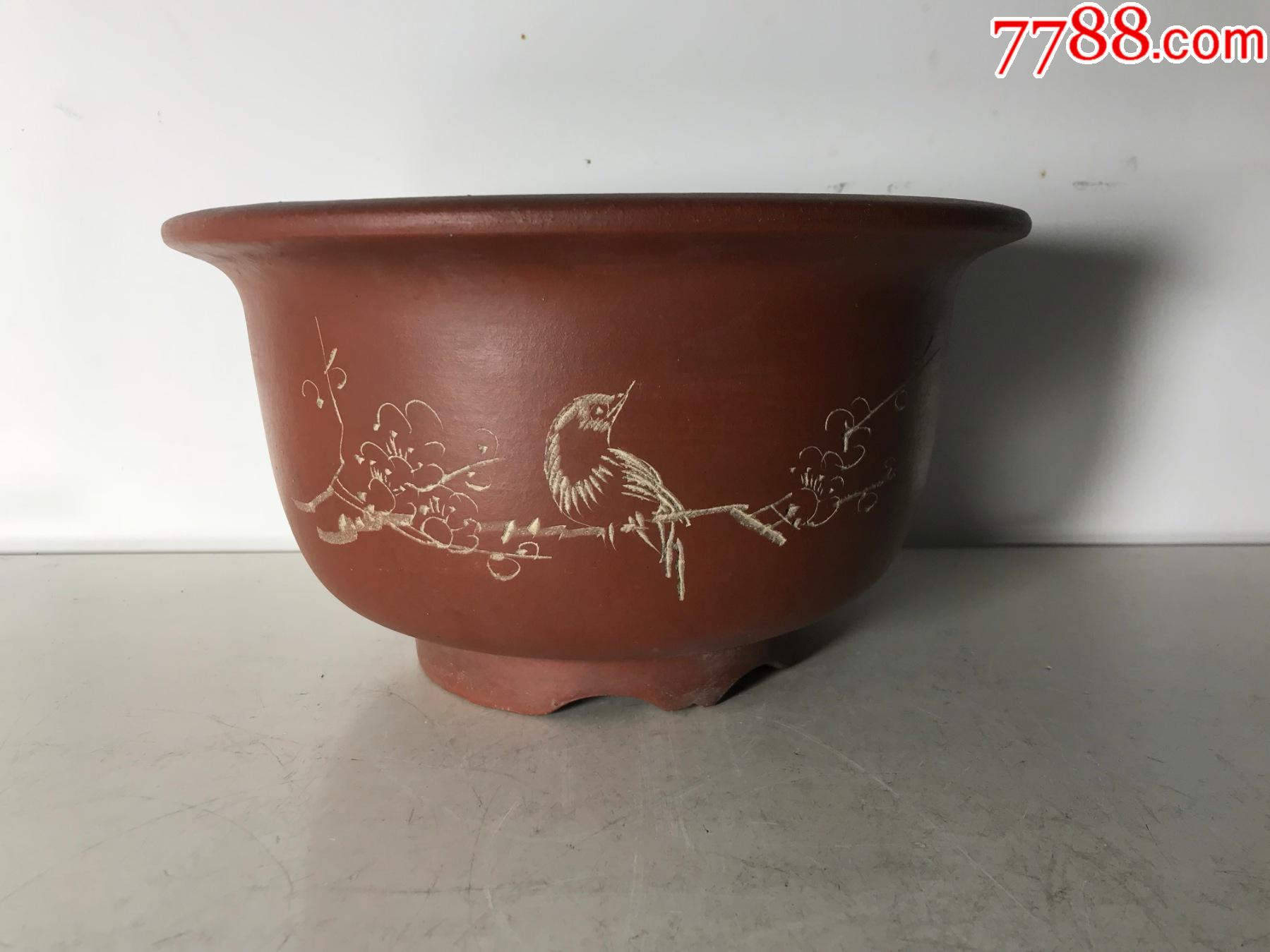 七八十年代石平刻花鸟宜兴紫砂花盆