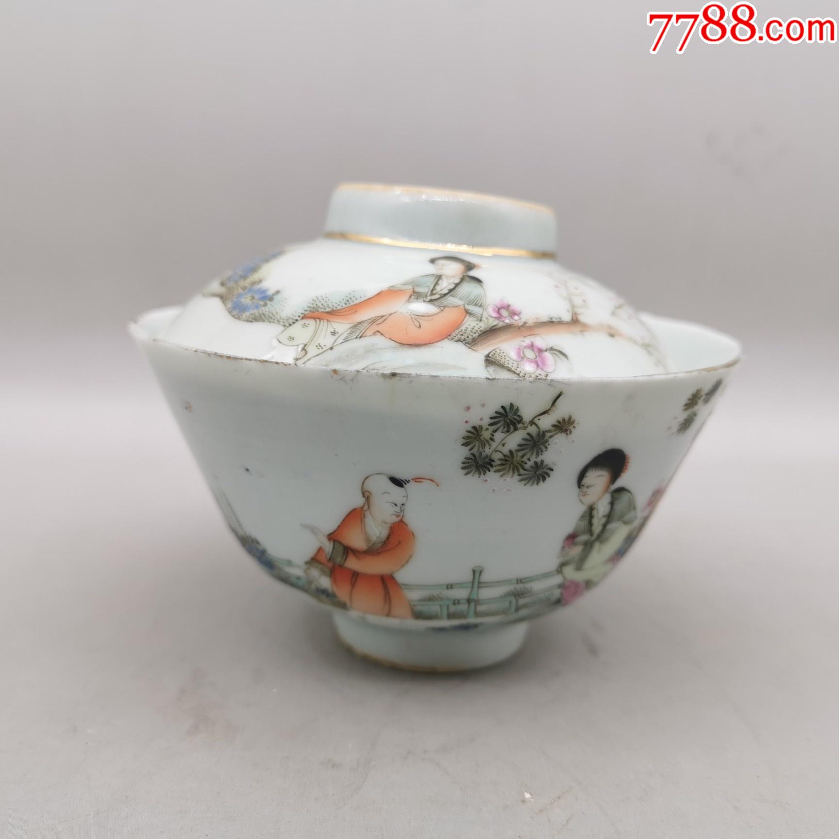 民国华珍画室粉彩人物盖碗