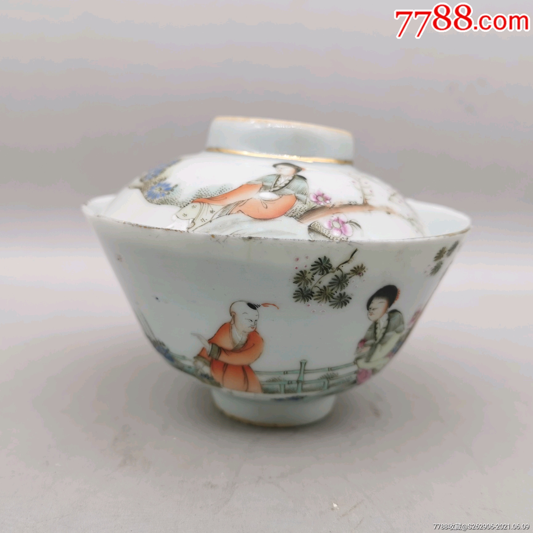 民国华珍画室粉彩人物盖碗