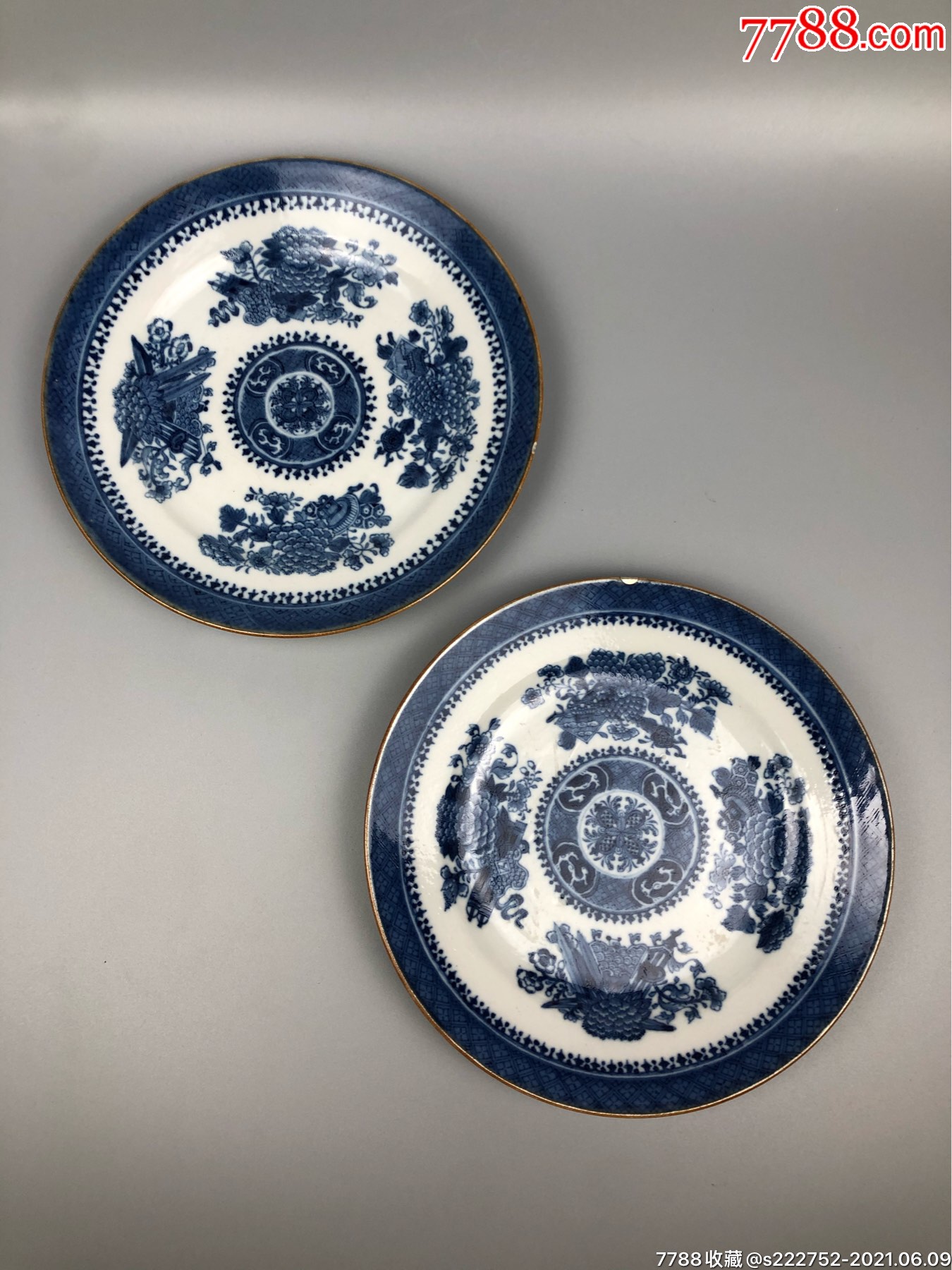 清代青花四季花卉盘一对_青花瓷_第1张_7788奇石收藏