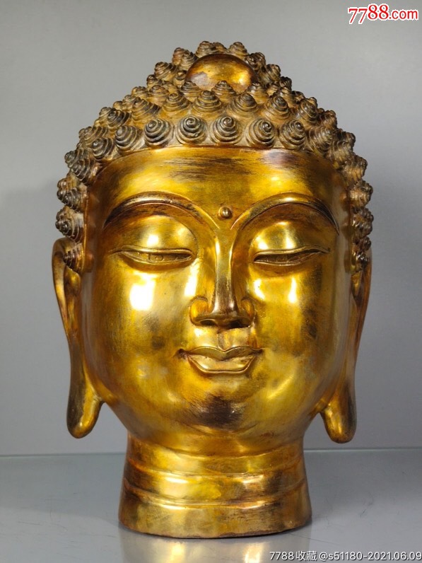 纯铜鎏金精工铸造释迦摩尼佛头供像-佛像/造像-7788收藏