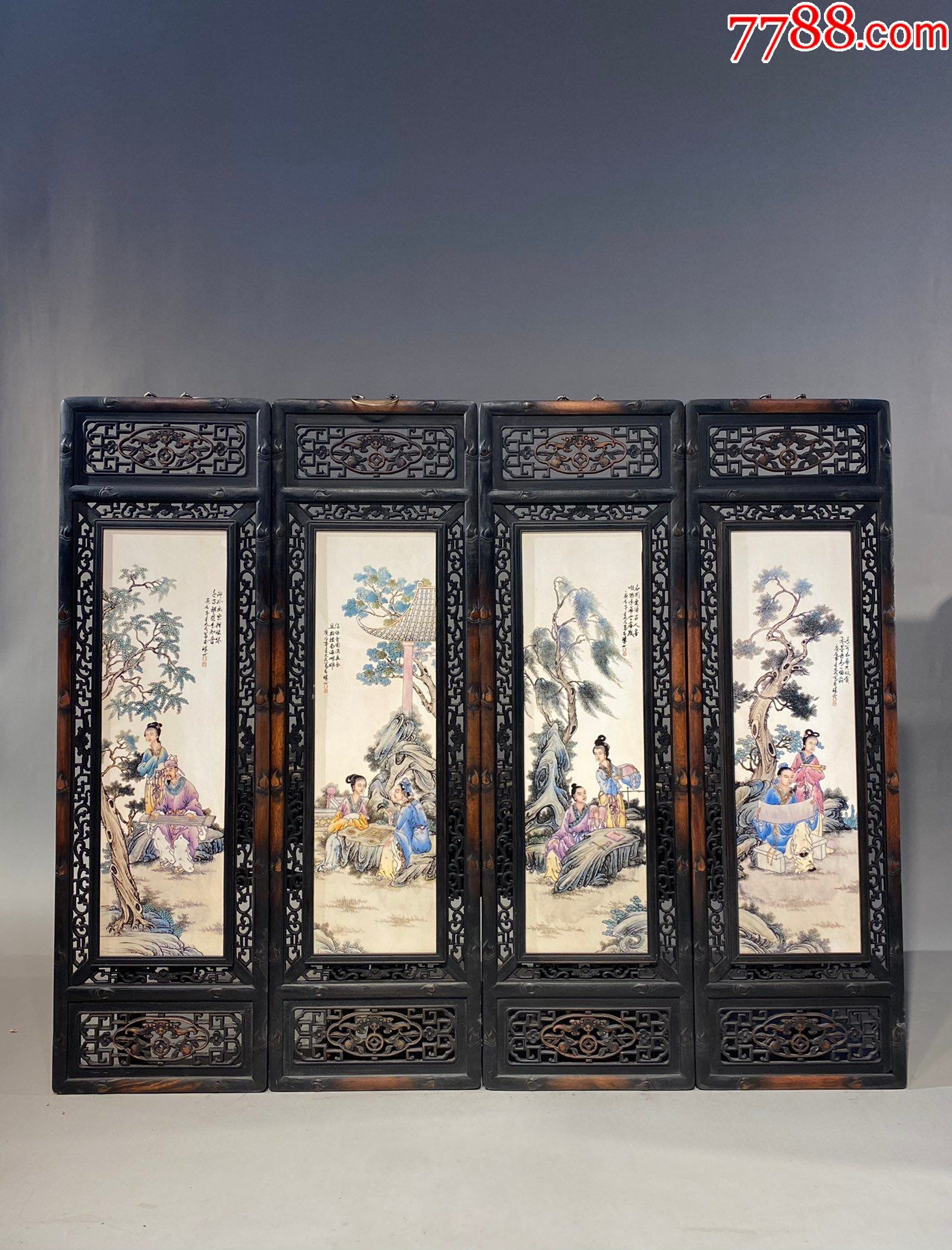 小叶紫檀雕刻精品老框镶瓷板粉彩琴棋书画人物四条挂屏