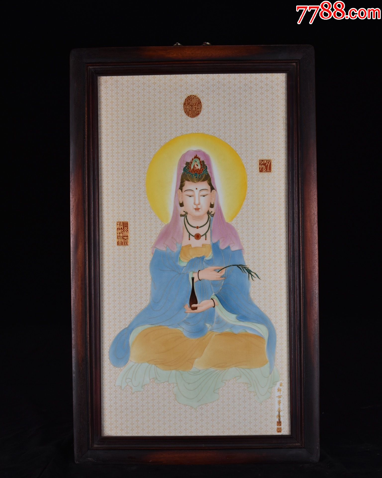 精品丁观鹏小叶紫檀老框镶瓷板画白底加彩观音挂屏