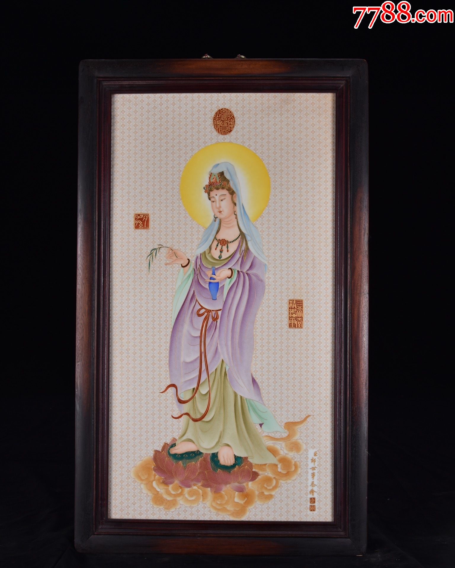 精品丁观鹏小叶紫檀老框镶瓷板画掐丝白底加彩观音挂屏