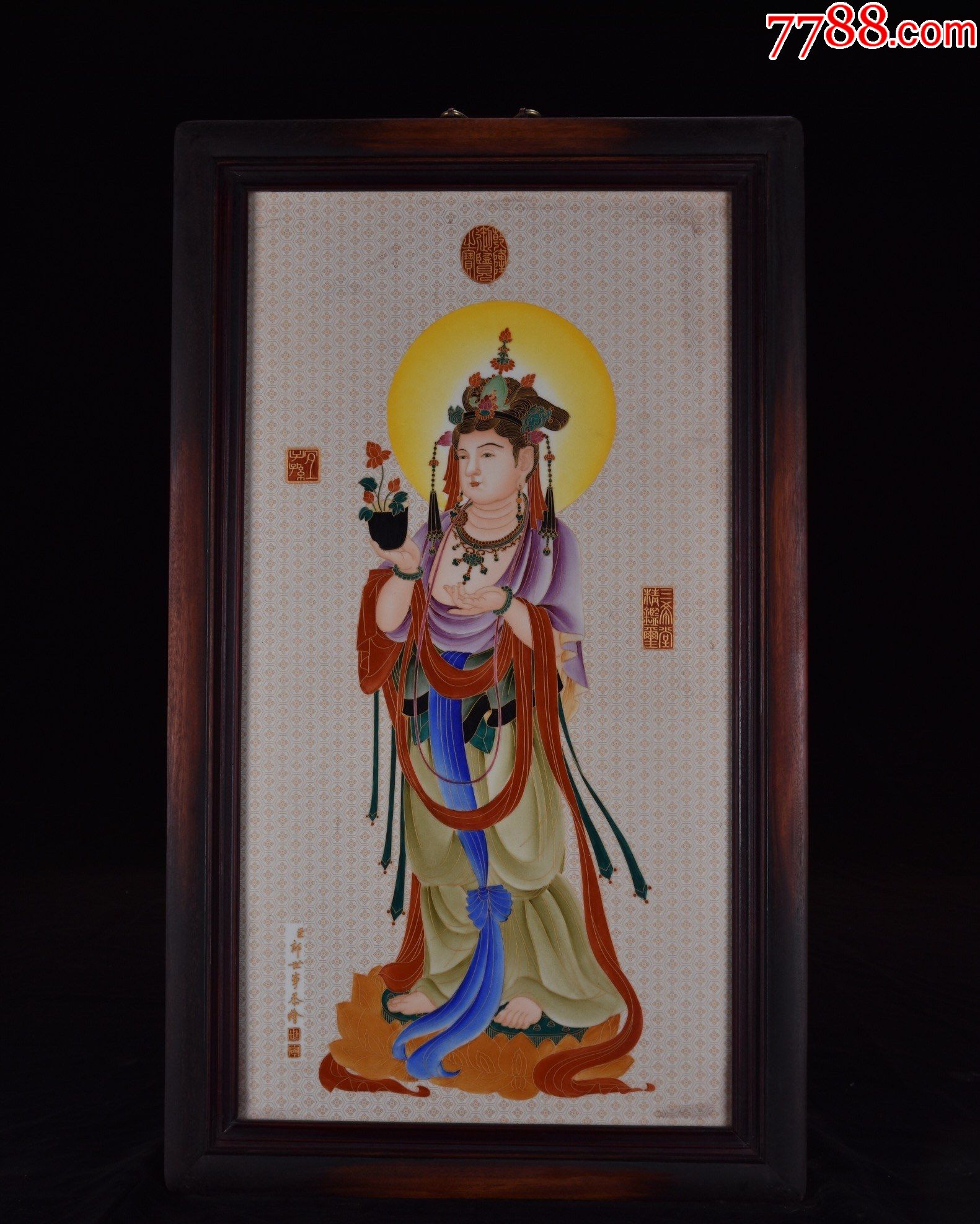 精品丁观鹏小叶紫檀老框镶瓷板画白底手绘加彩观音挂屏