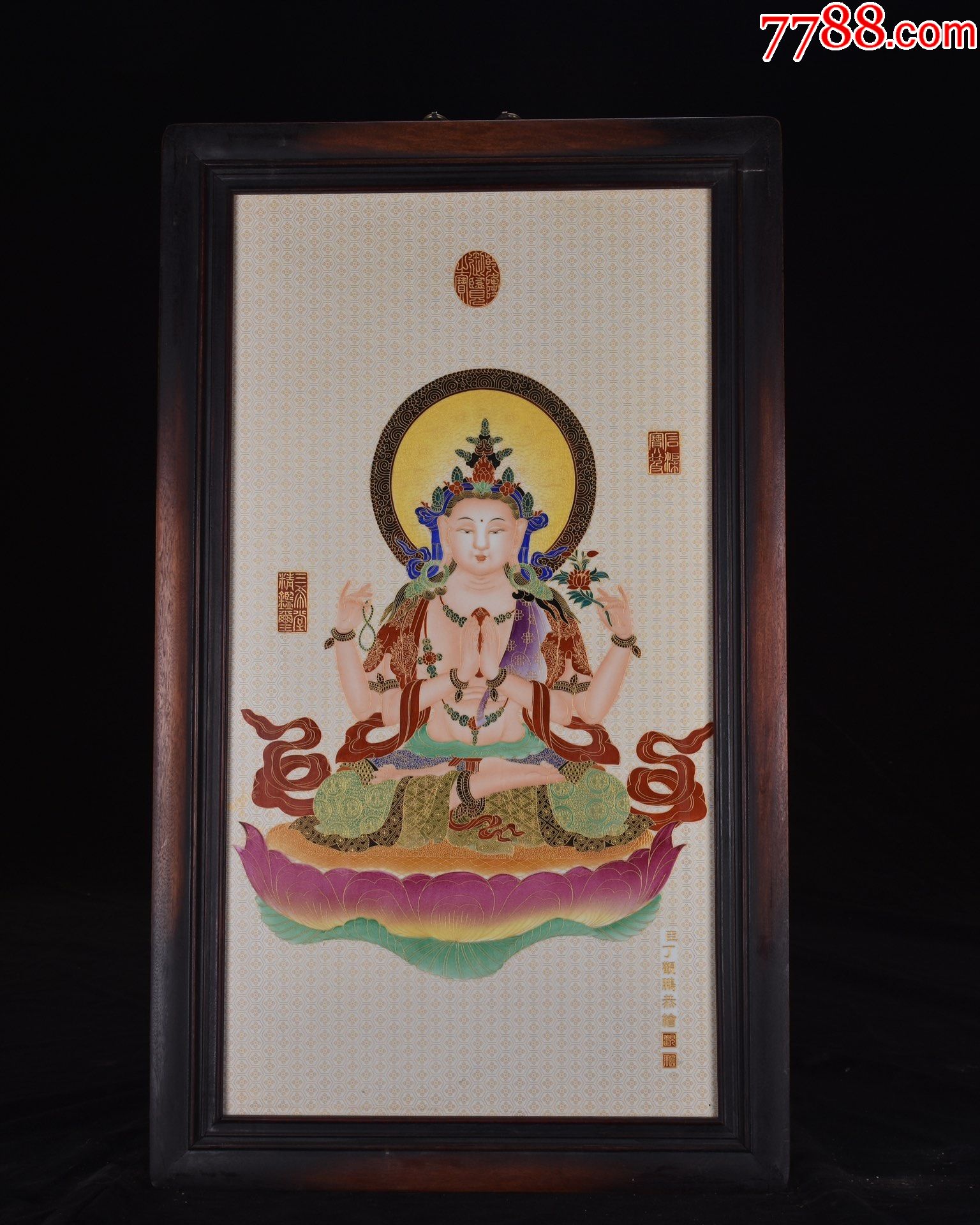 精品丁观鹏小叶紫檀老框镶瓷板画白底手绘加彩观音挂屏