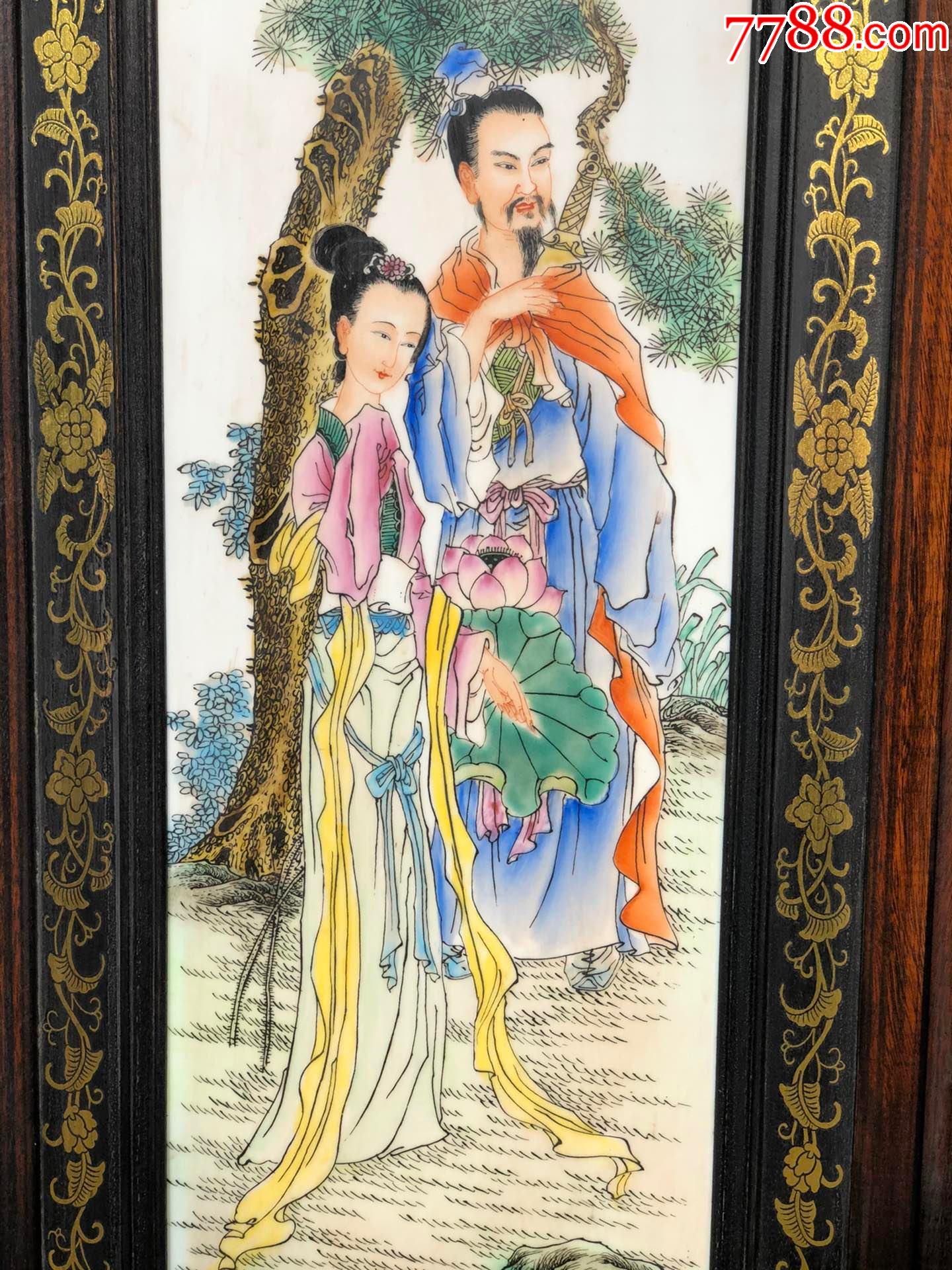 王大凡作品黑檀木描金老木框手绘【逍遥八仙】四条挂屏粉彩瓷板画