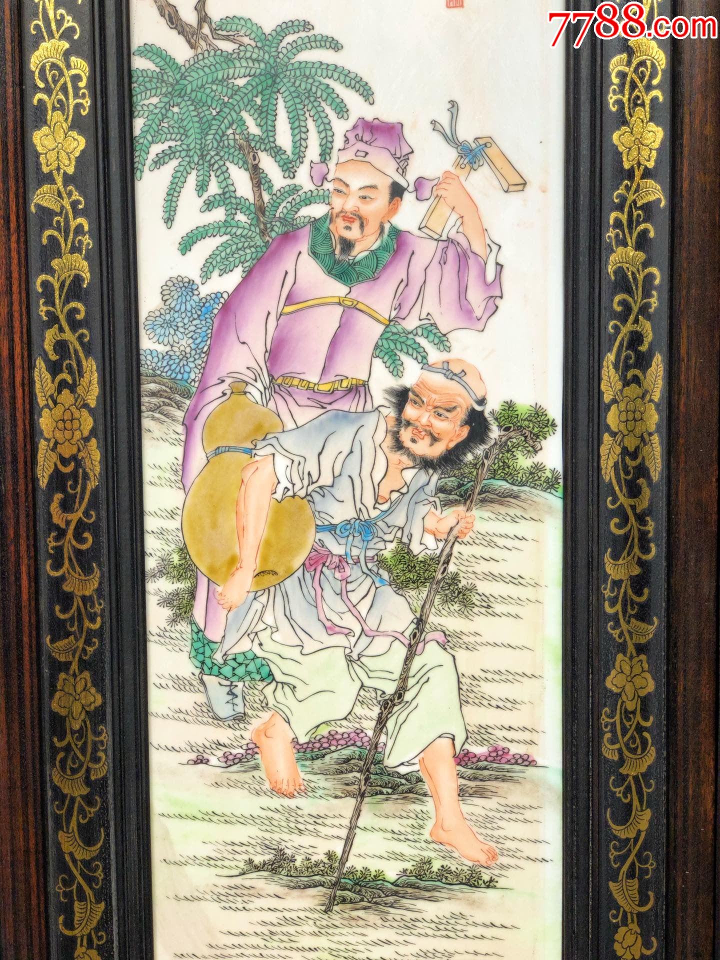 王大凡作品黑檀木描金老木框手绘【逍遥八仙】四条挂屏粉彩瓷板画