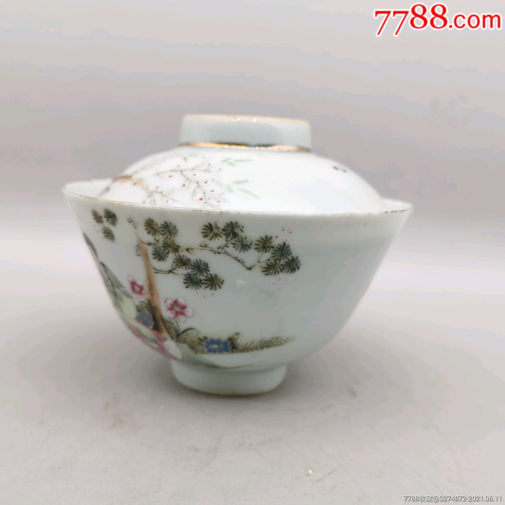 民国华珍画室粉彩人物盖碗