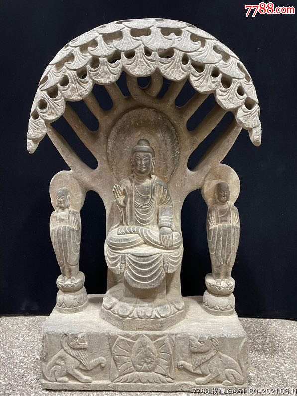 旧藏老青石雕一佛二弟子佛龛佛像摆件