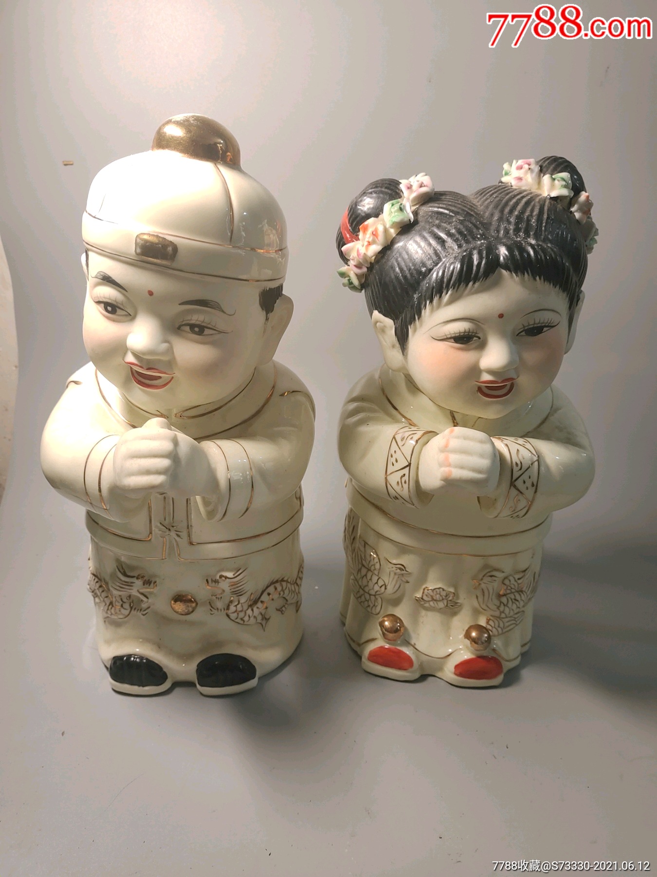 90年代左右,金童玉女拜寿瓷塑一对
