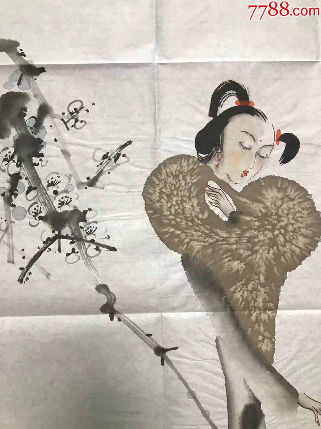 河南美协会员王铭国画仕女赏雪图纸本软片100495cm王铭河