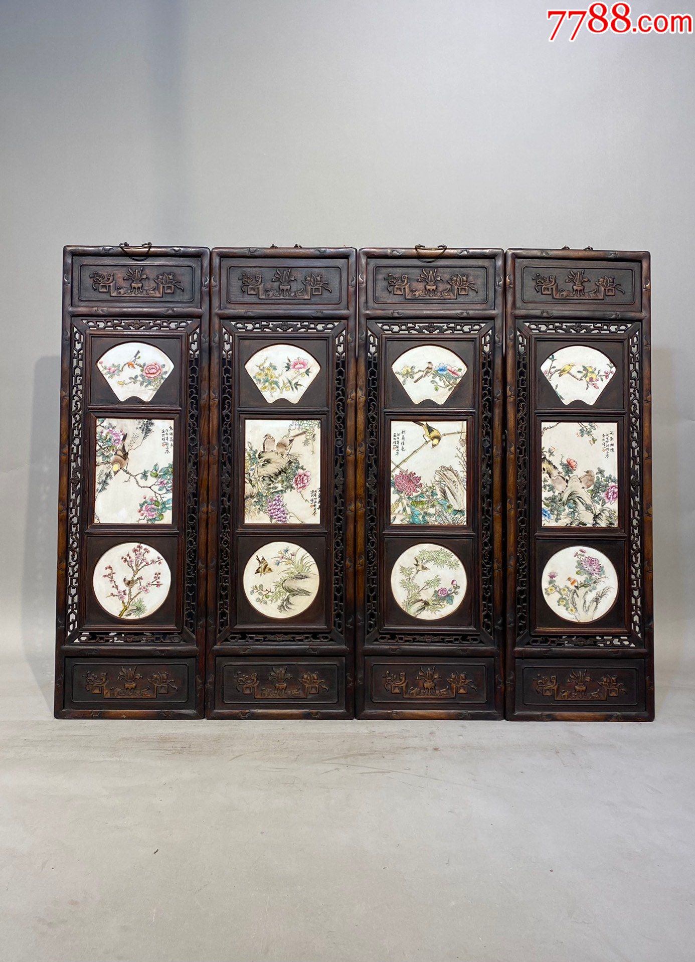 精品小叶紫檀雕刻老框镶瓷板画【花鸟】花鸟三节头四条挂屏_木屏风