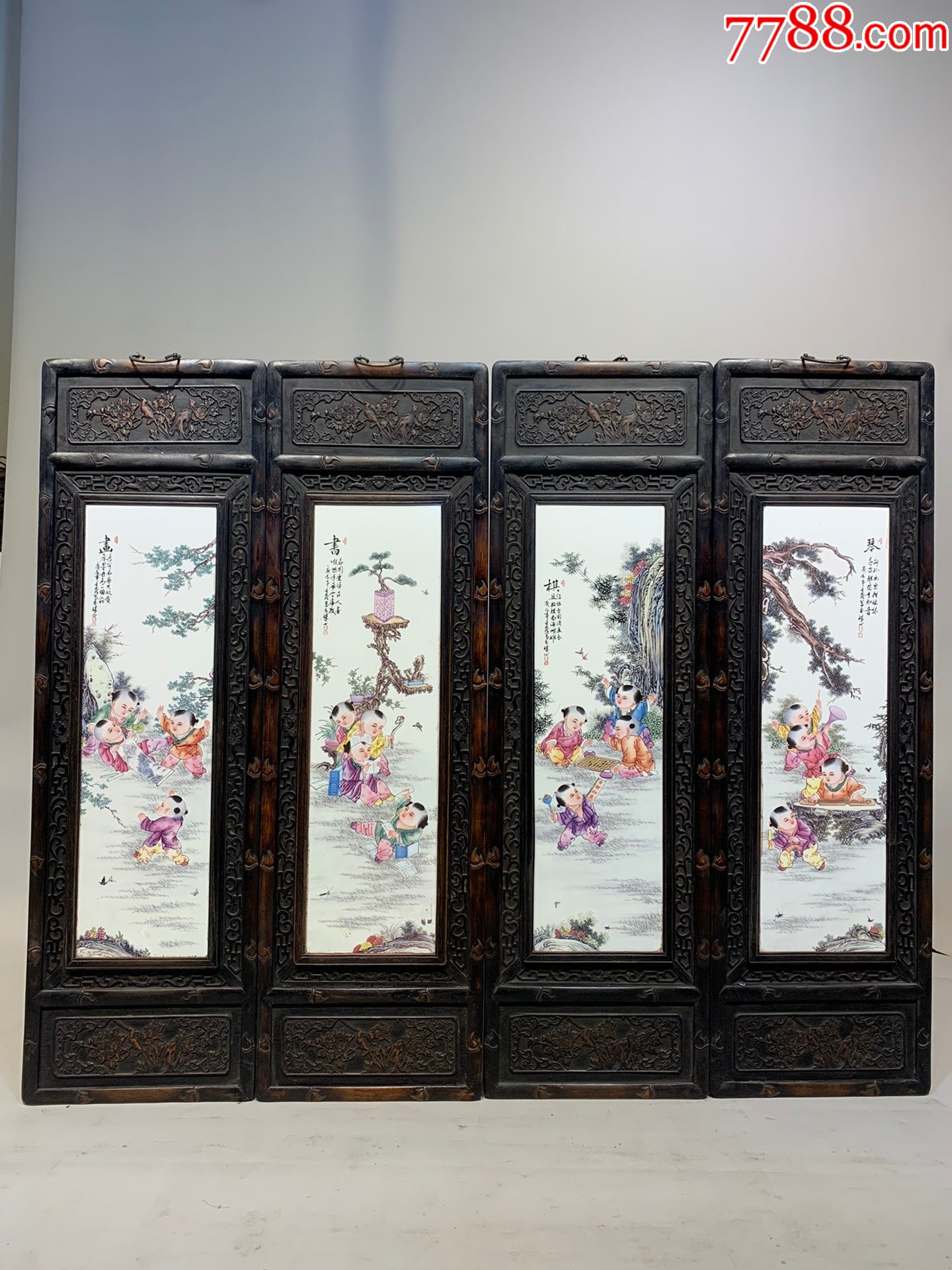王大凡作品小叶紫檀雕刻老框镶瓷板画粉【琴棋书画】人物四条挂屏