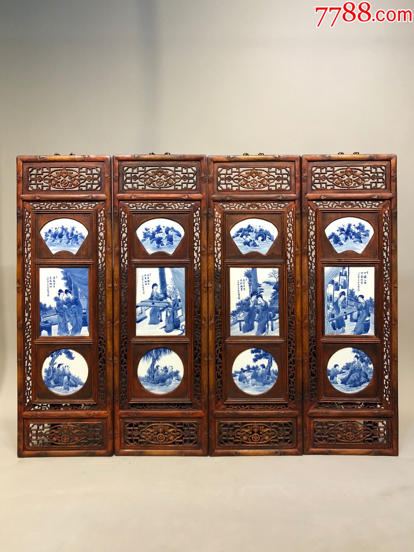 黄花梨雕刻精品老框镶瓷板画手绘青花【琴棋书画】人物四条挂屏