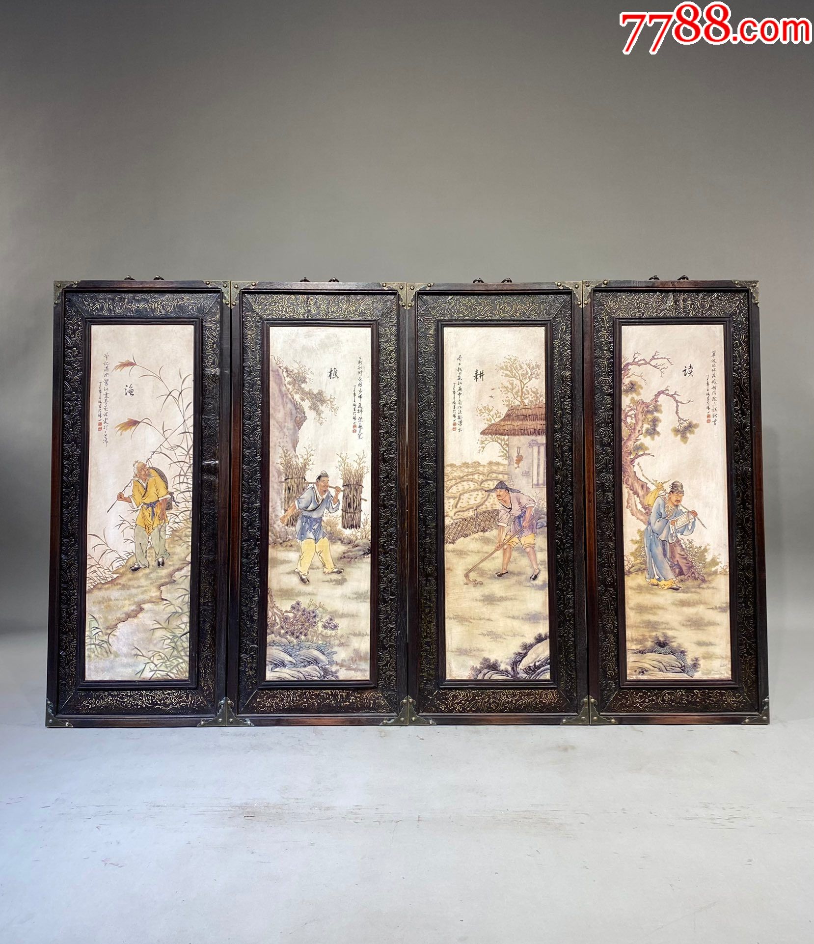 精品小叶紫檀雕刻老框镶瓷板画粉彩【渔樵耕读】四条挂屏