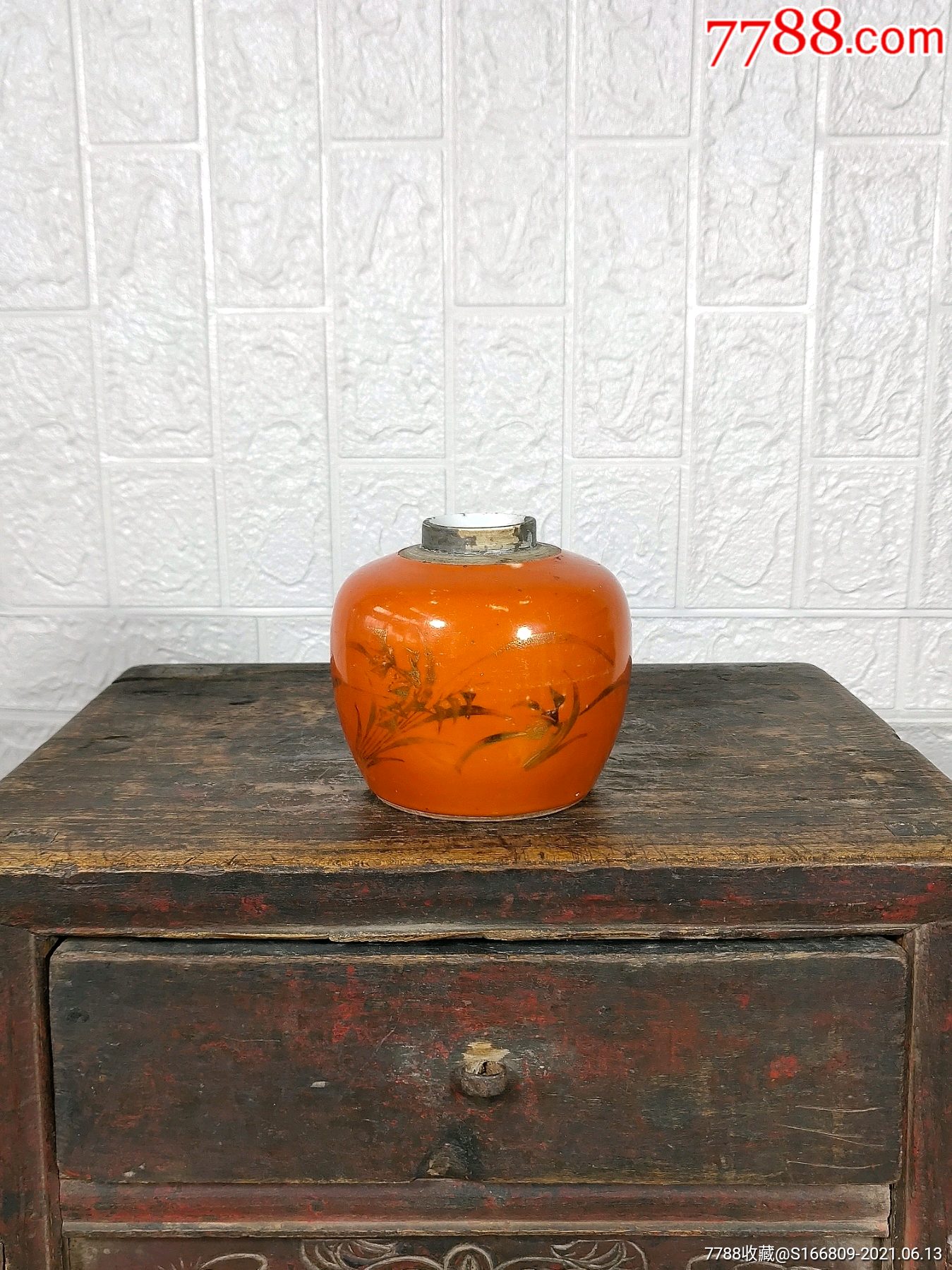 清代珊瑚红描金兰花花卉诗词苹果尊茶叶罐