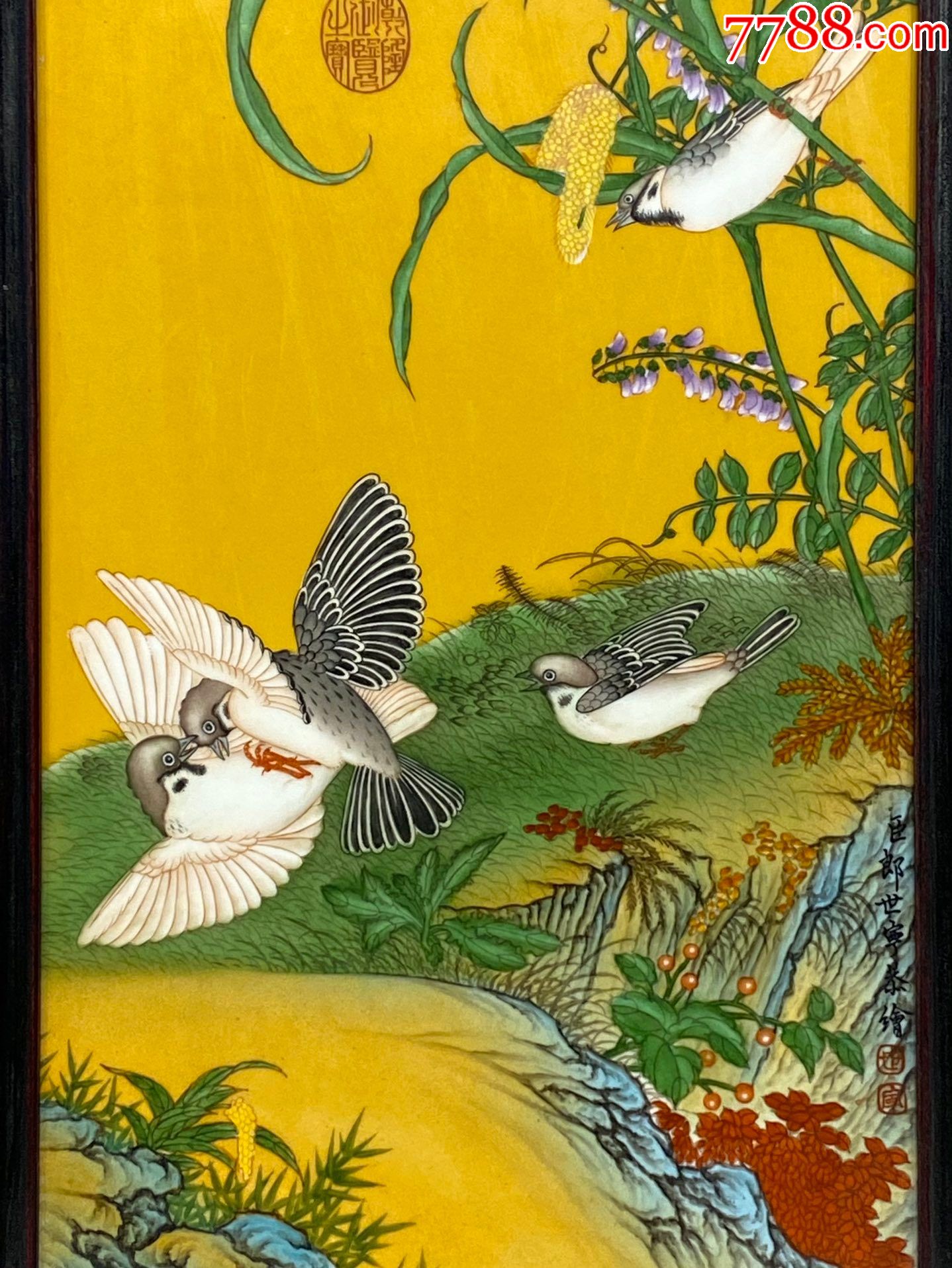 精品郎世寧小葉紫檀老框鑲瓷板畫【四季花鳥】花鳥四條掛屏