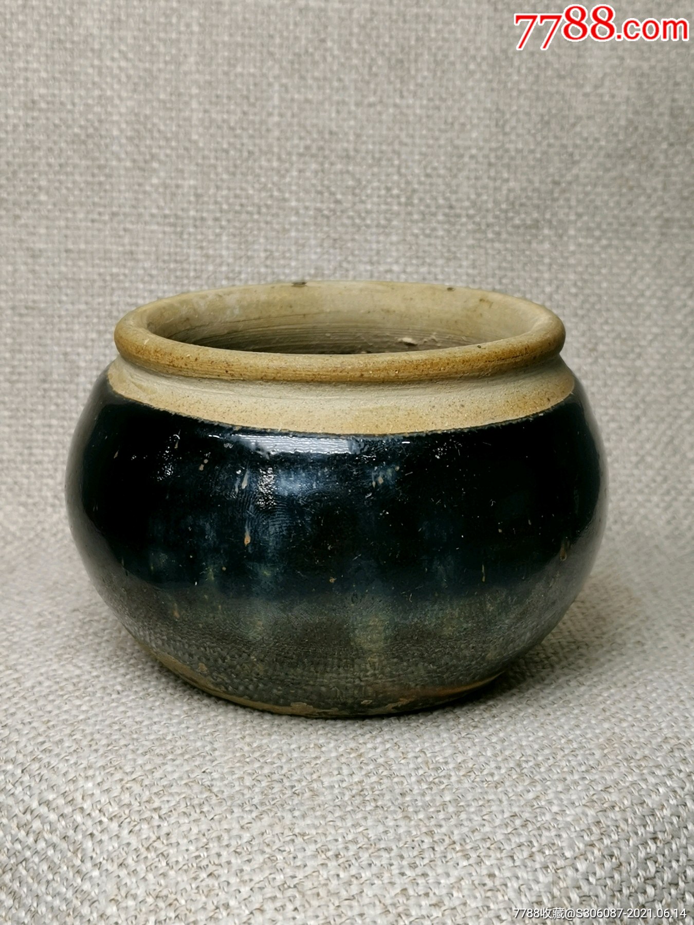 宋元耀州黑釉鼓式炉松原耀州黑黑釉鼓式香炉高约65腹径约10厘米全品