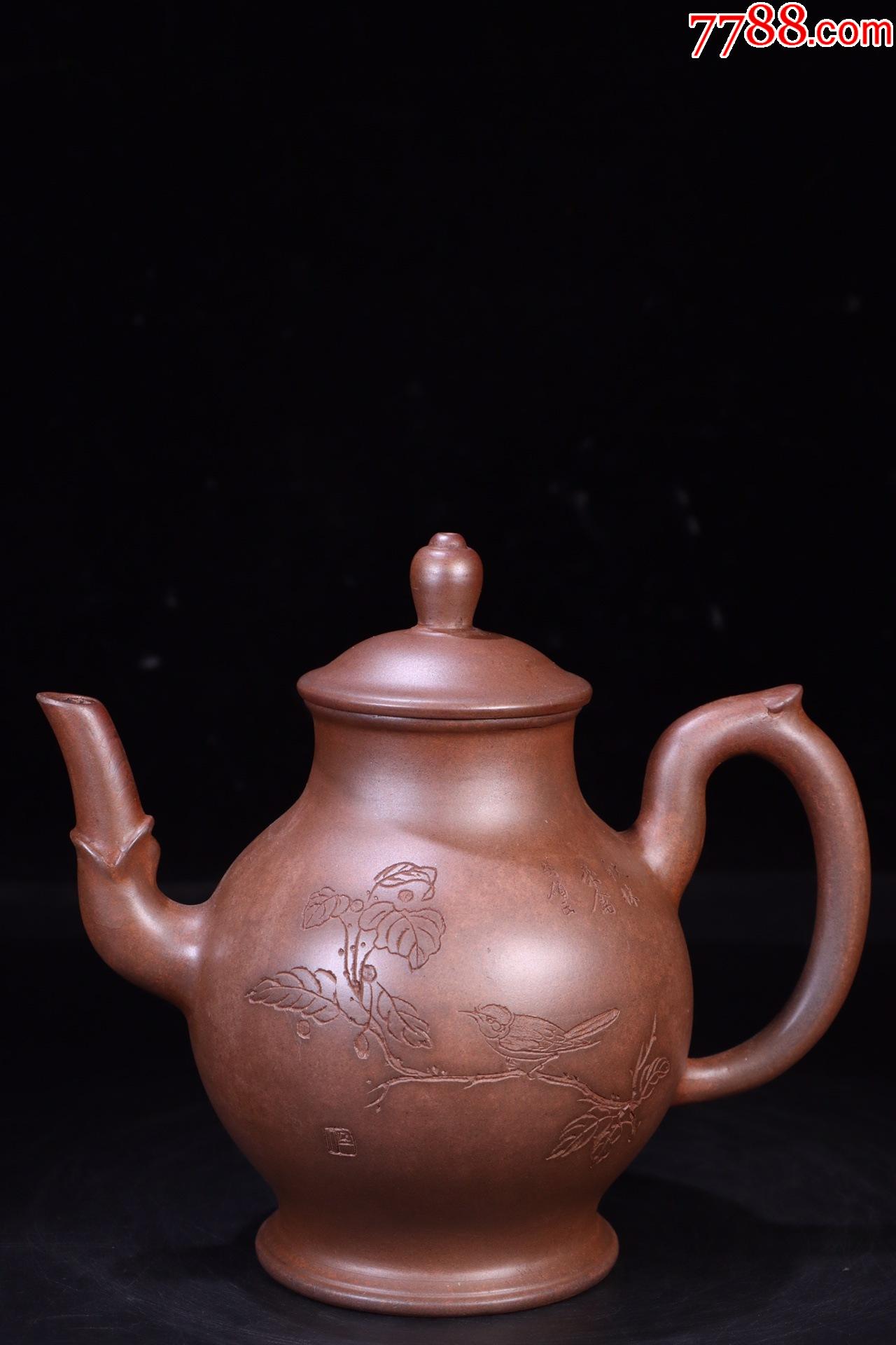 松枝柴窑烧刻绘老紫砂宫灯壶