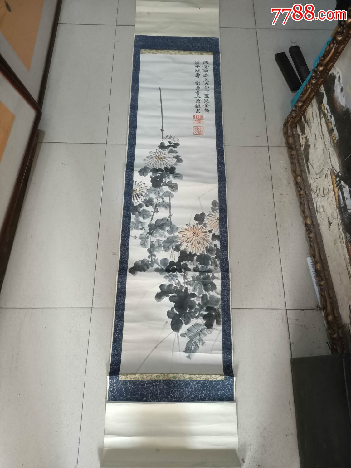 民国天津籍上将军曹锟菊花延年益寿图条幅尺寸12230cm