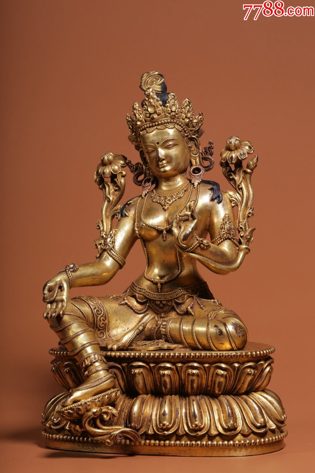 铜鎏金绿度母坐像-铜像/铜佛像-7788商城