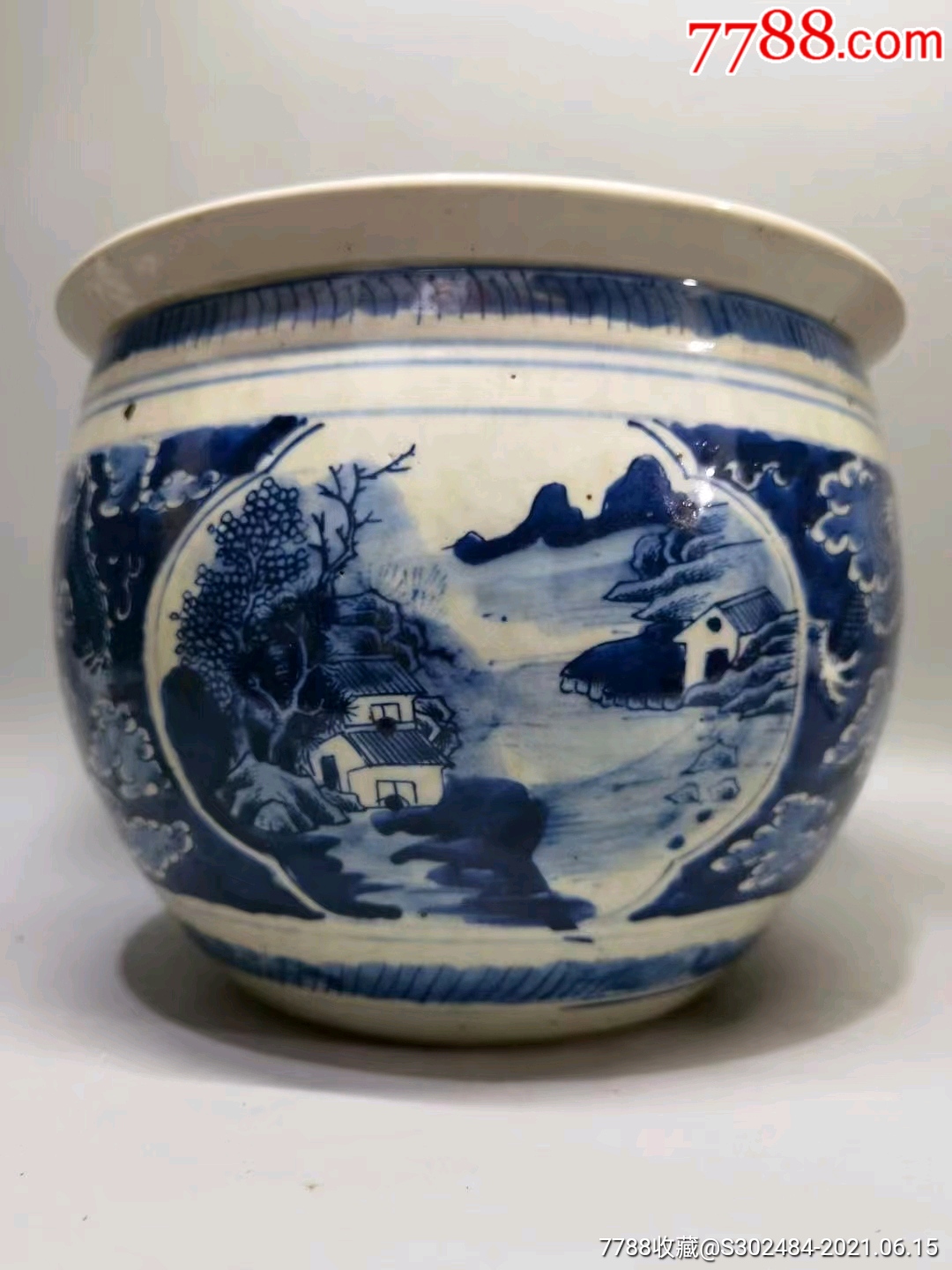 清代,精品青花开窗山水云龙纹文房卷缸._青花瓷_第3张_7788钱币网