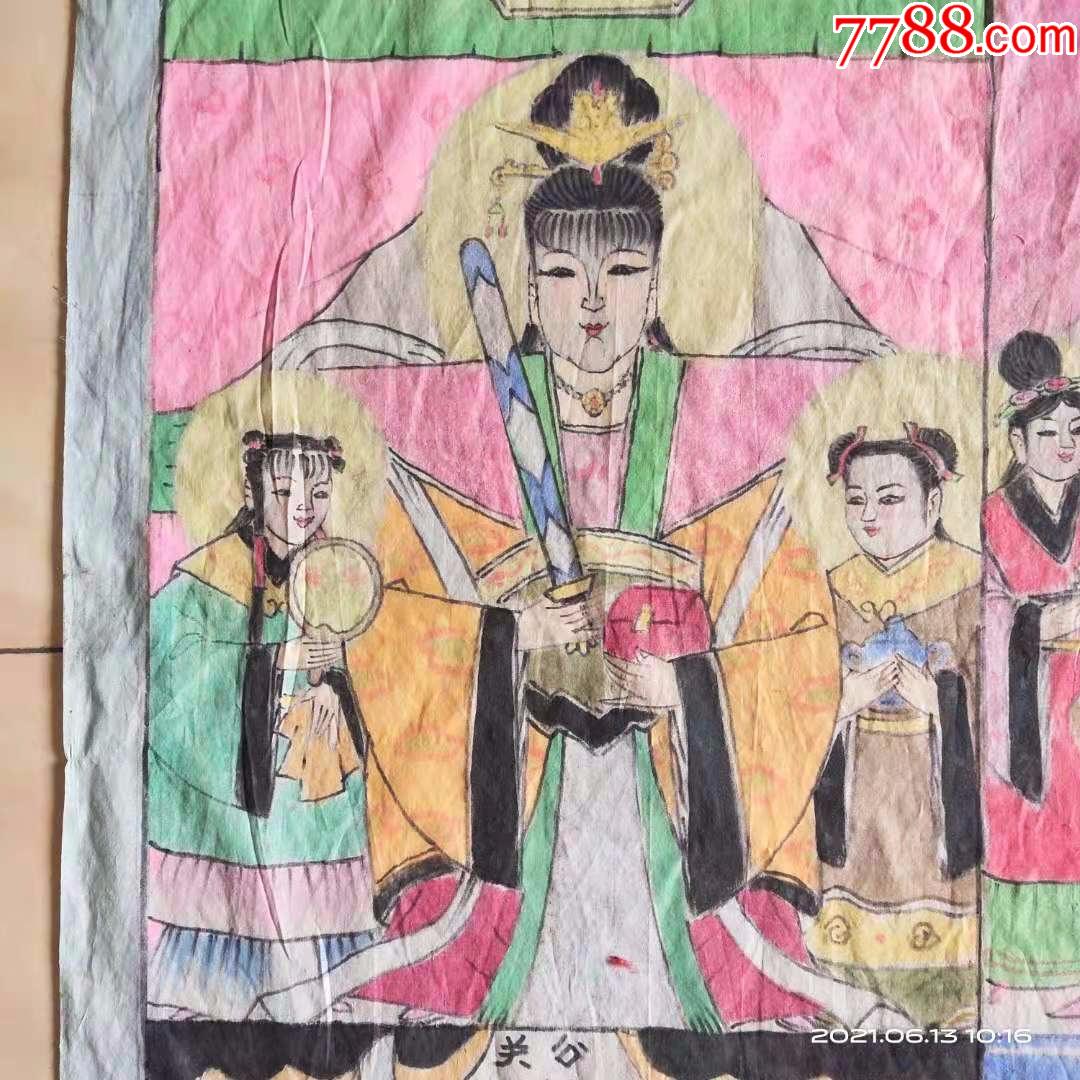 纯手绘老布画,道教神像六个神人物画,有玉帝王母关公华佗等