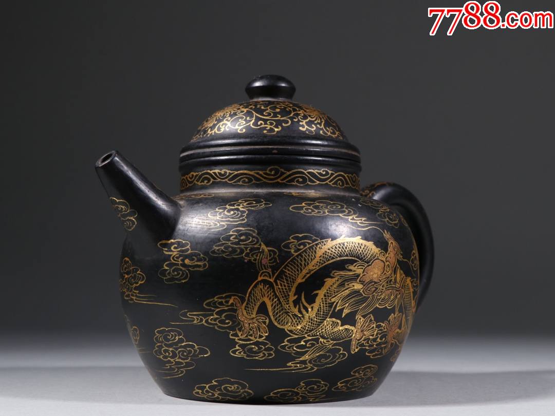 旧藏乌金釉描龙纹紫砂壶