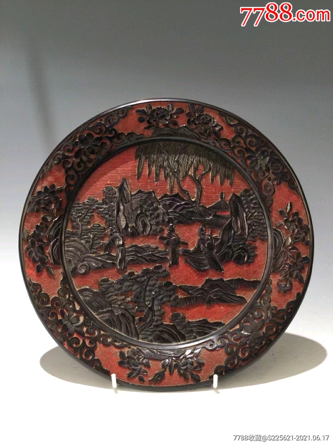 晚清木胎剔红剔黑山水人物高士纹盘_漆盘_第1张_7788漆器收藏