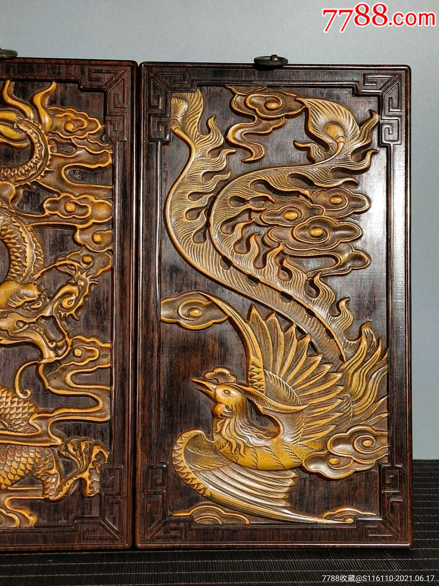 花梨木镶嵌竹黄手工高浮雕龙凤呈祥挂匾一对