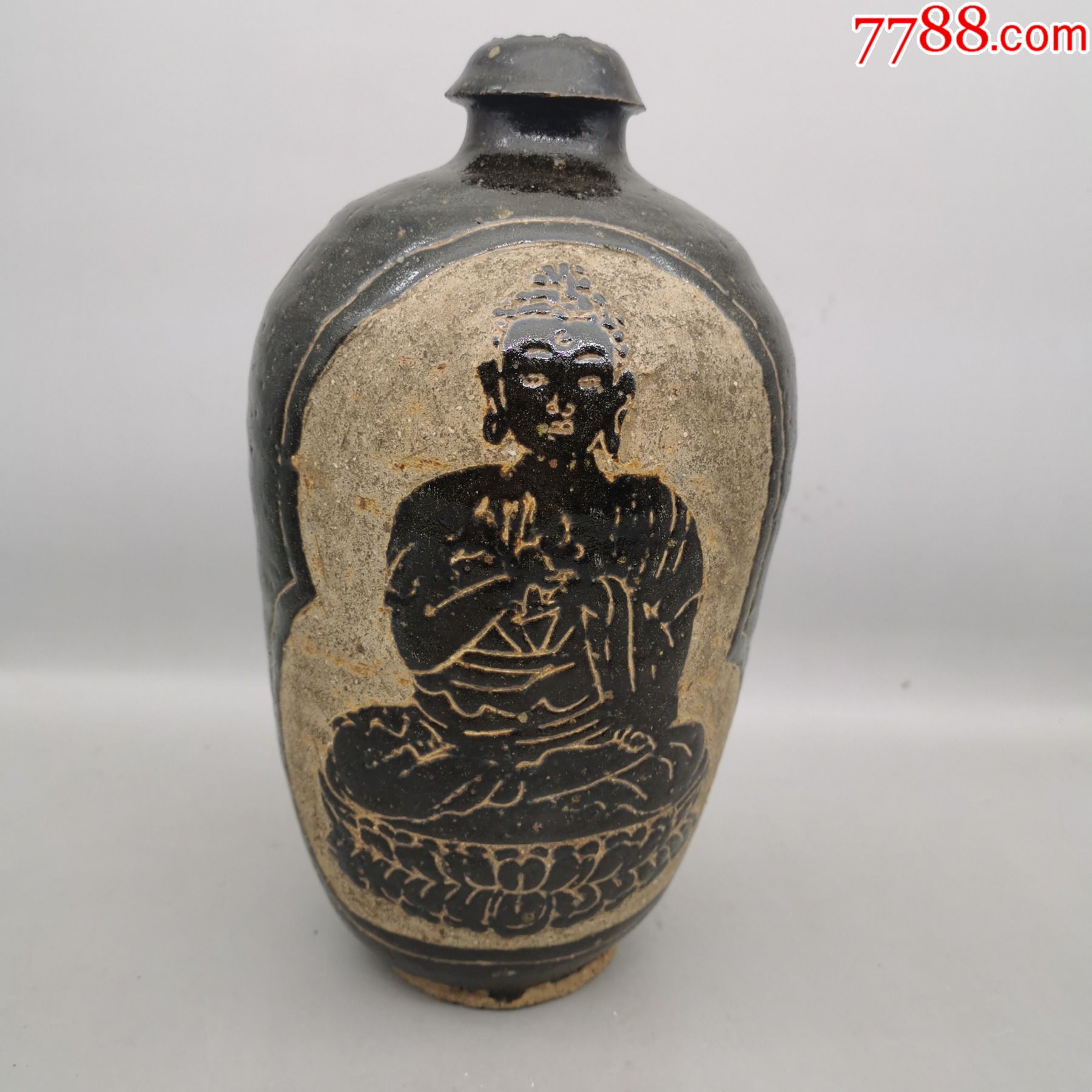 磁州窑黑釉刻花瓶清净观音图_黑陶_第1张_7788纸艺