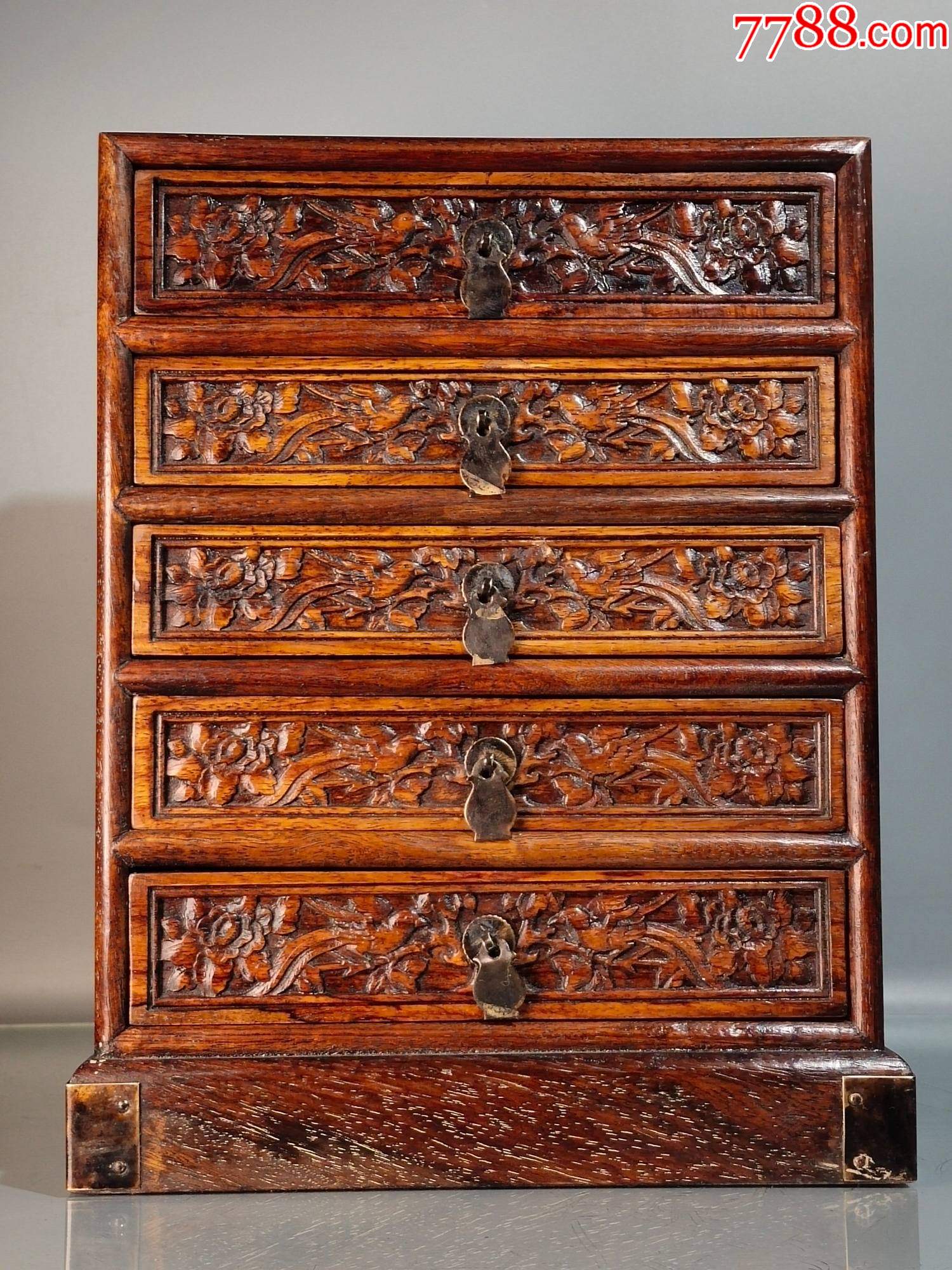 花梨木满工浮雕花鸟图老包浆抽屉柜摆件