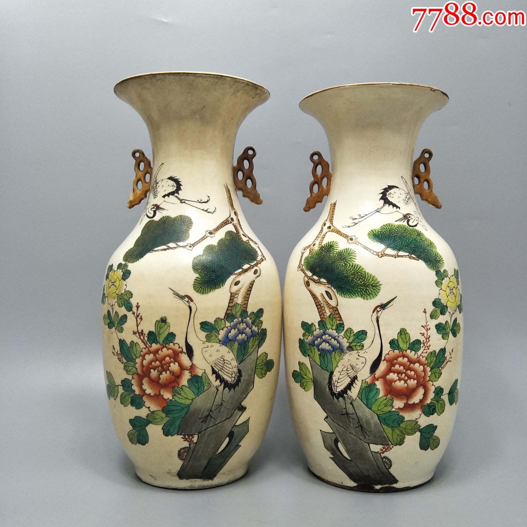 民国彩北方双鹤胆瓶一对,一流画工包老包快.45厘米高