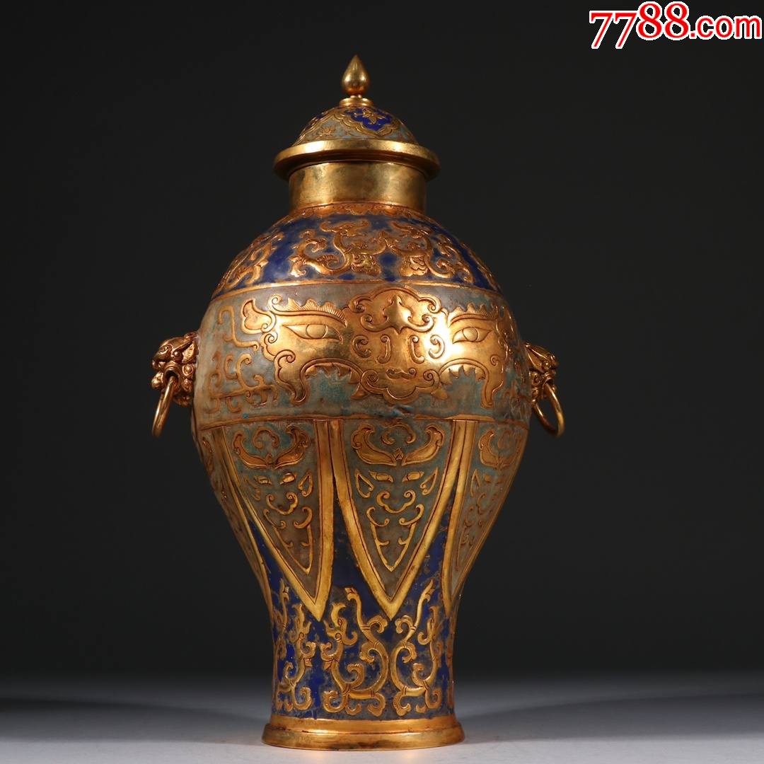 铜鎏金烤蓝饕鬄兽面龙纹罐
