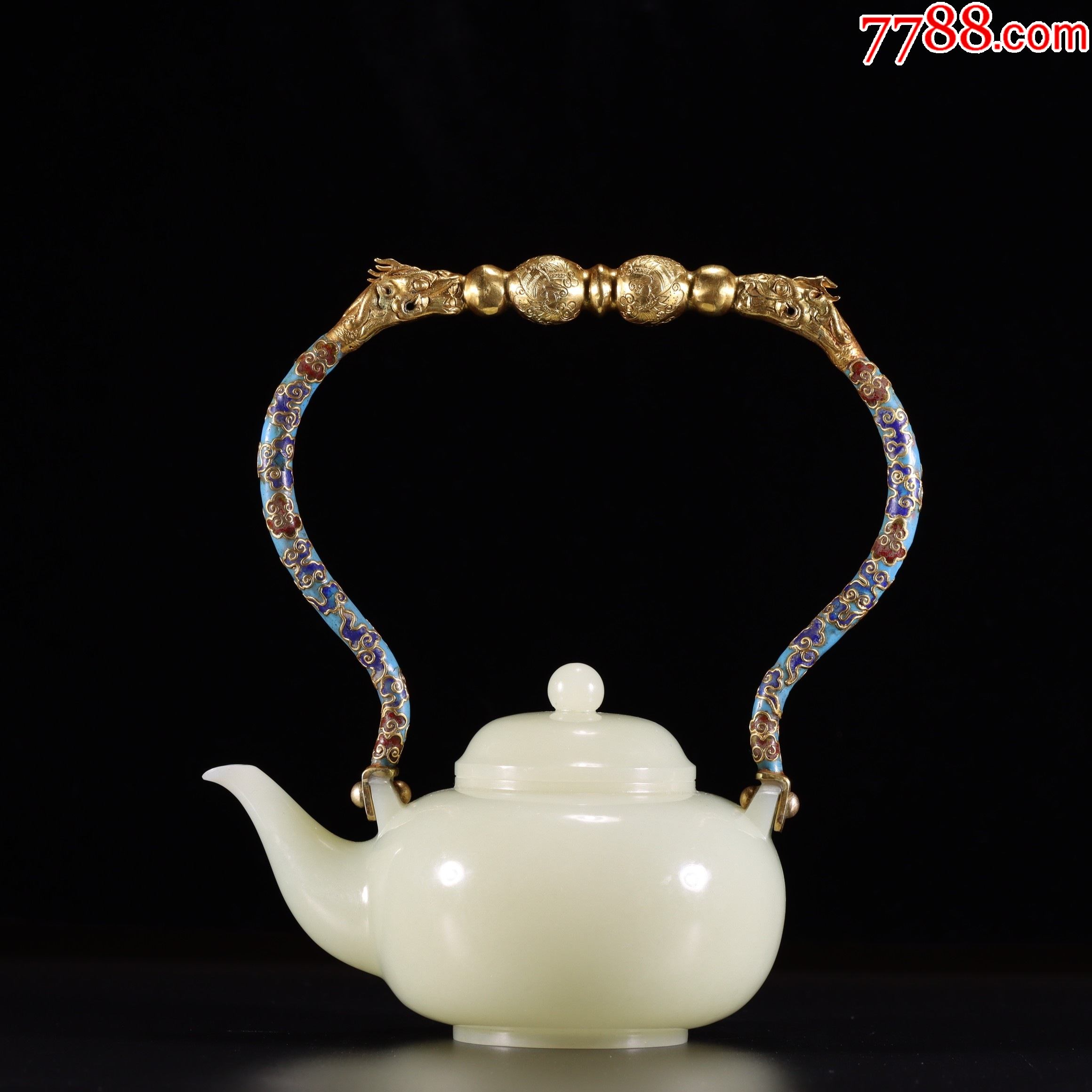 和田玉银鎏金景泰蓝双龙戏珠提梁壶