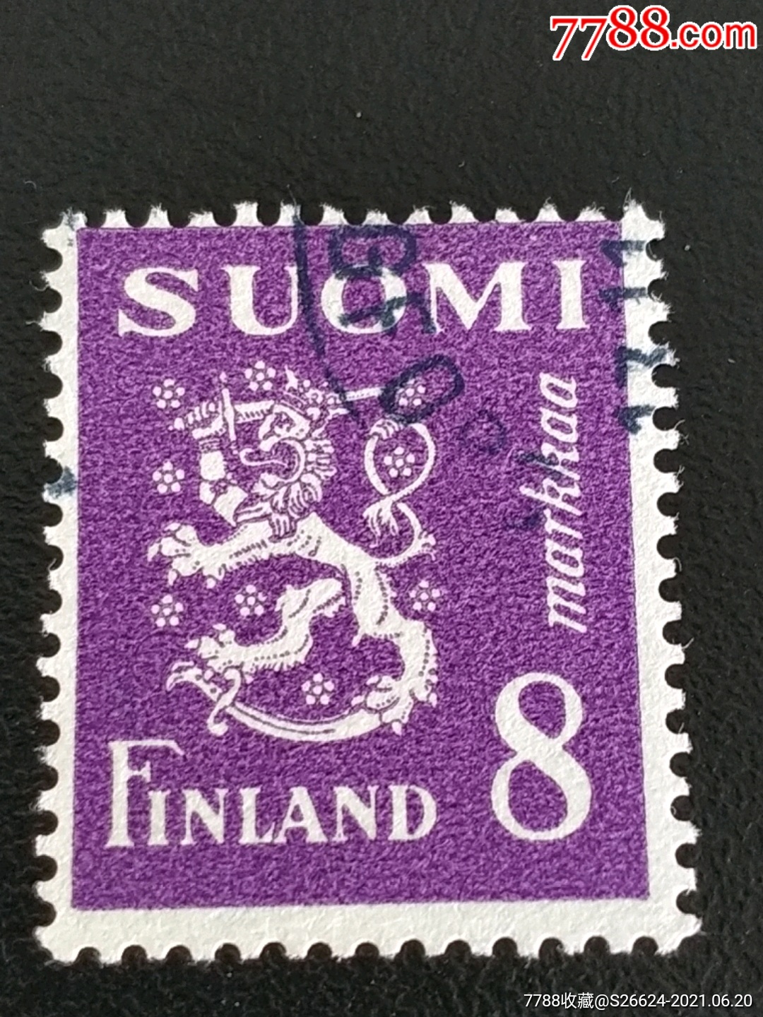 1946年芬兰国徽狮子持刀图紫色普通邮票1枚销