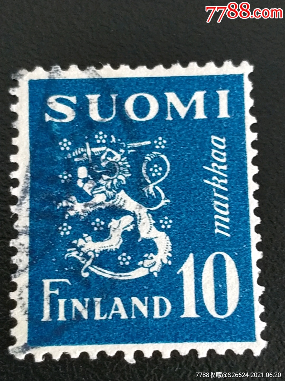 1945年芬兰国徽狮子持刀图蓝色普通邮票1枚销