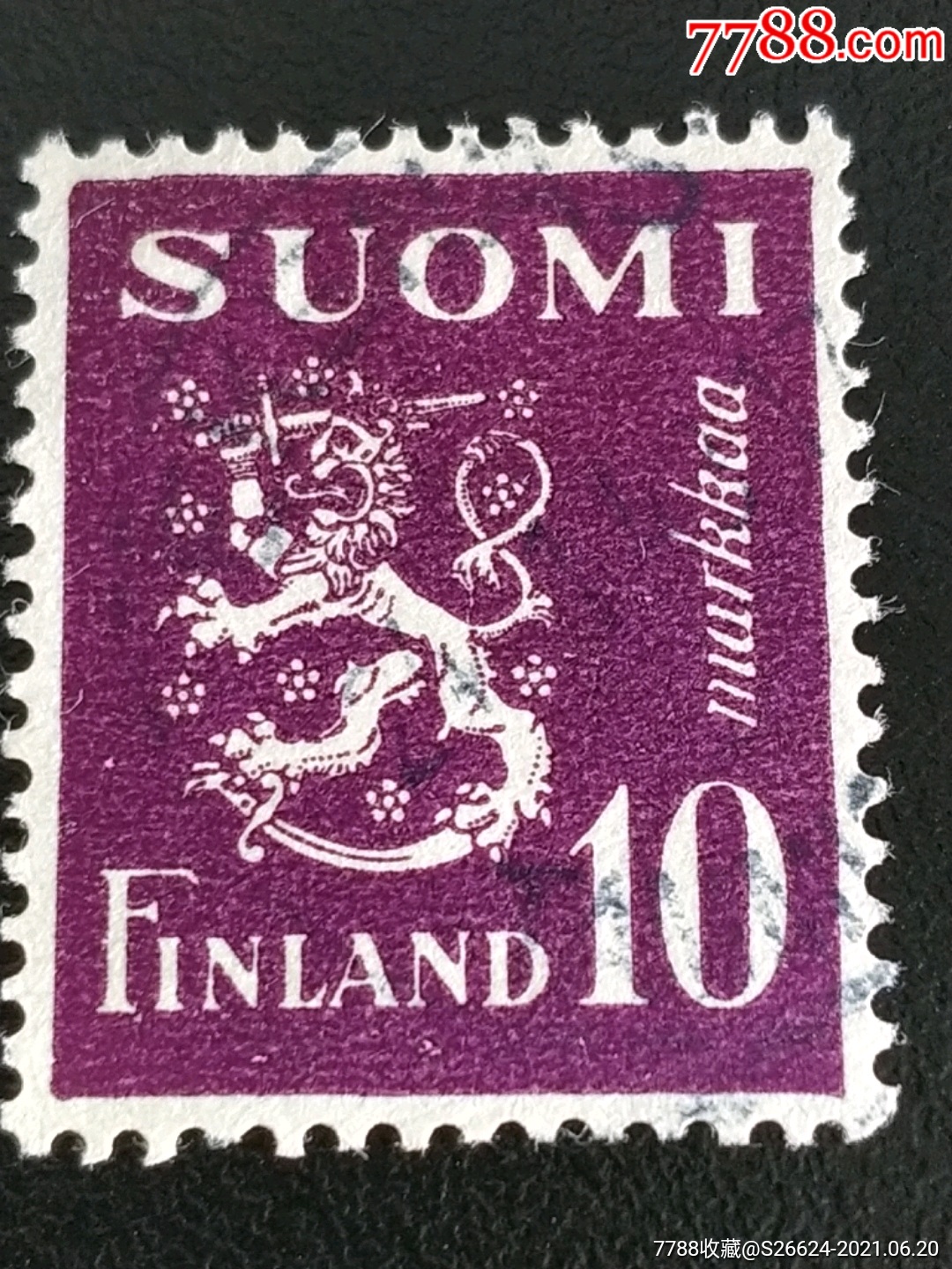 1950年芬兰国徽狮子持刀图紫色普通邮票1枚销