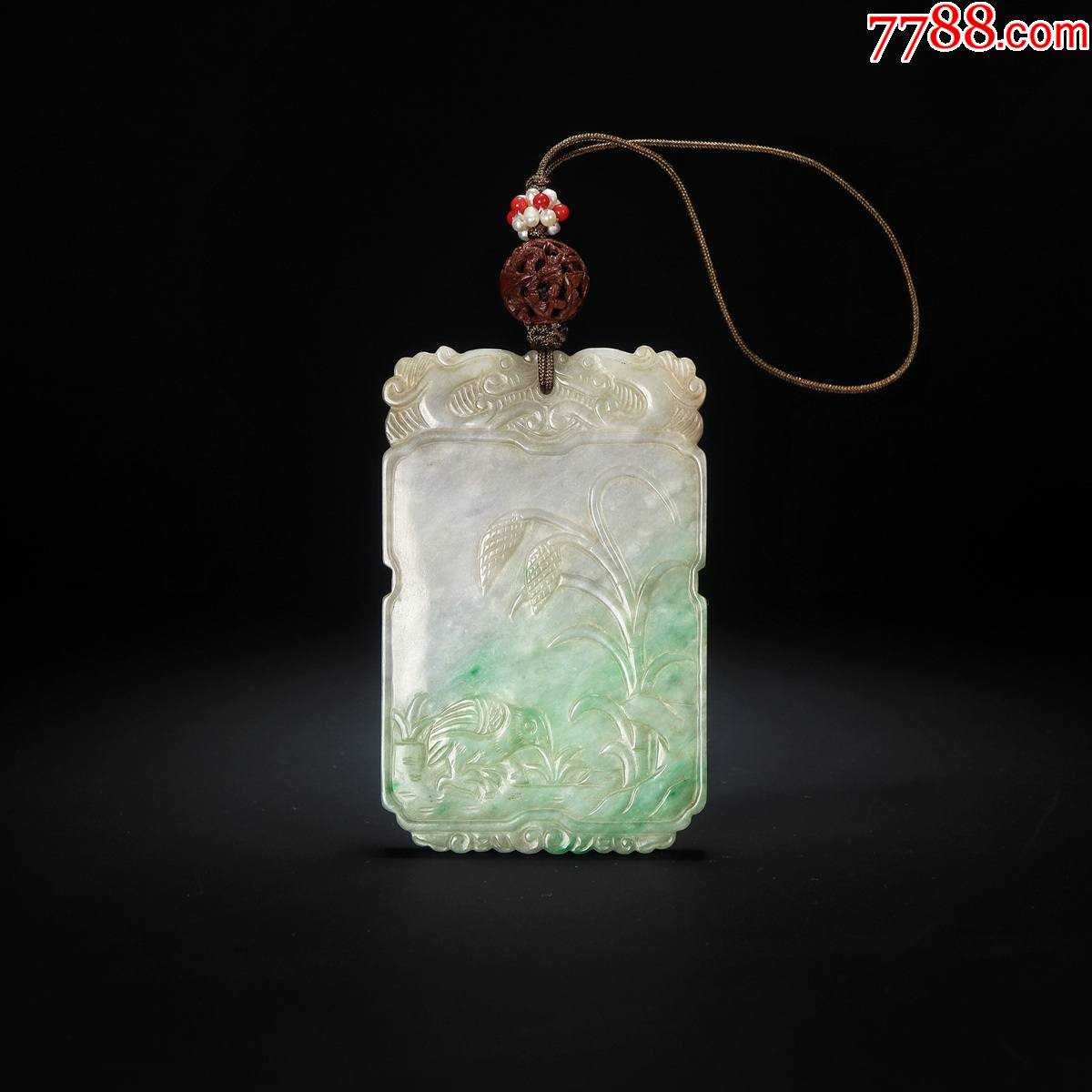 清朝老天然翡翠雕岁岁平安牌牌子挂件春彩飘绿明清古玉老玉玉石