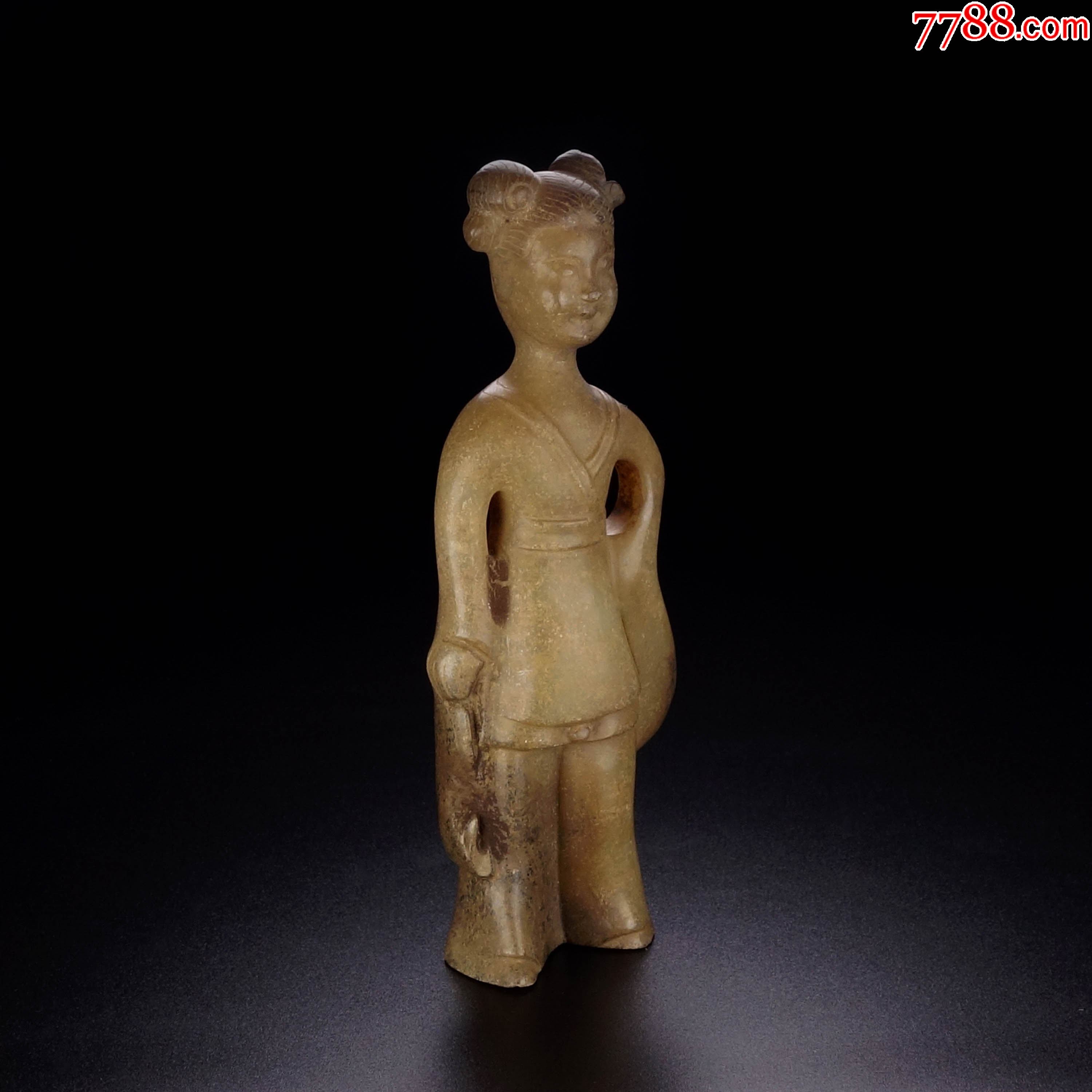 高古和田玉雕古代仕女手把件