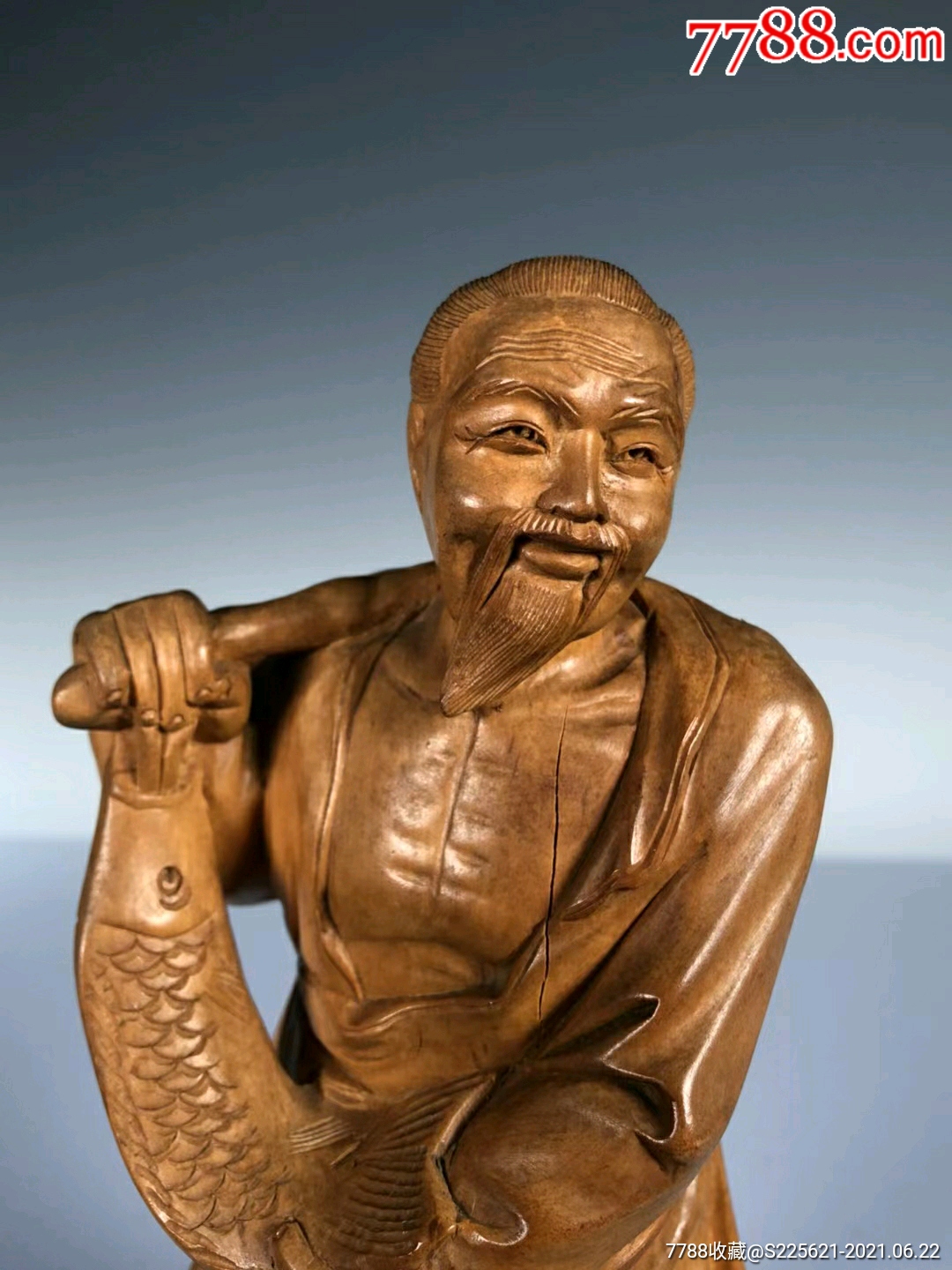 解放初期黄杨木雕渔翁得利人物像