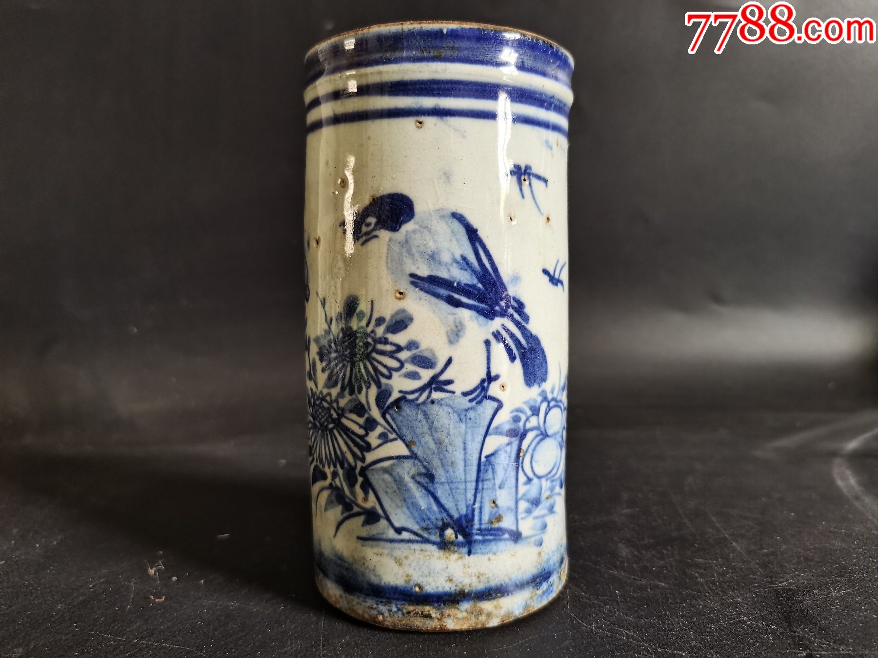 清代青花花鸟笔筒