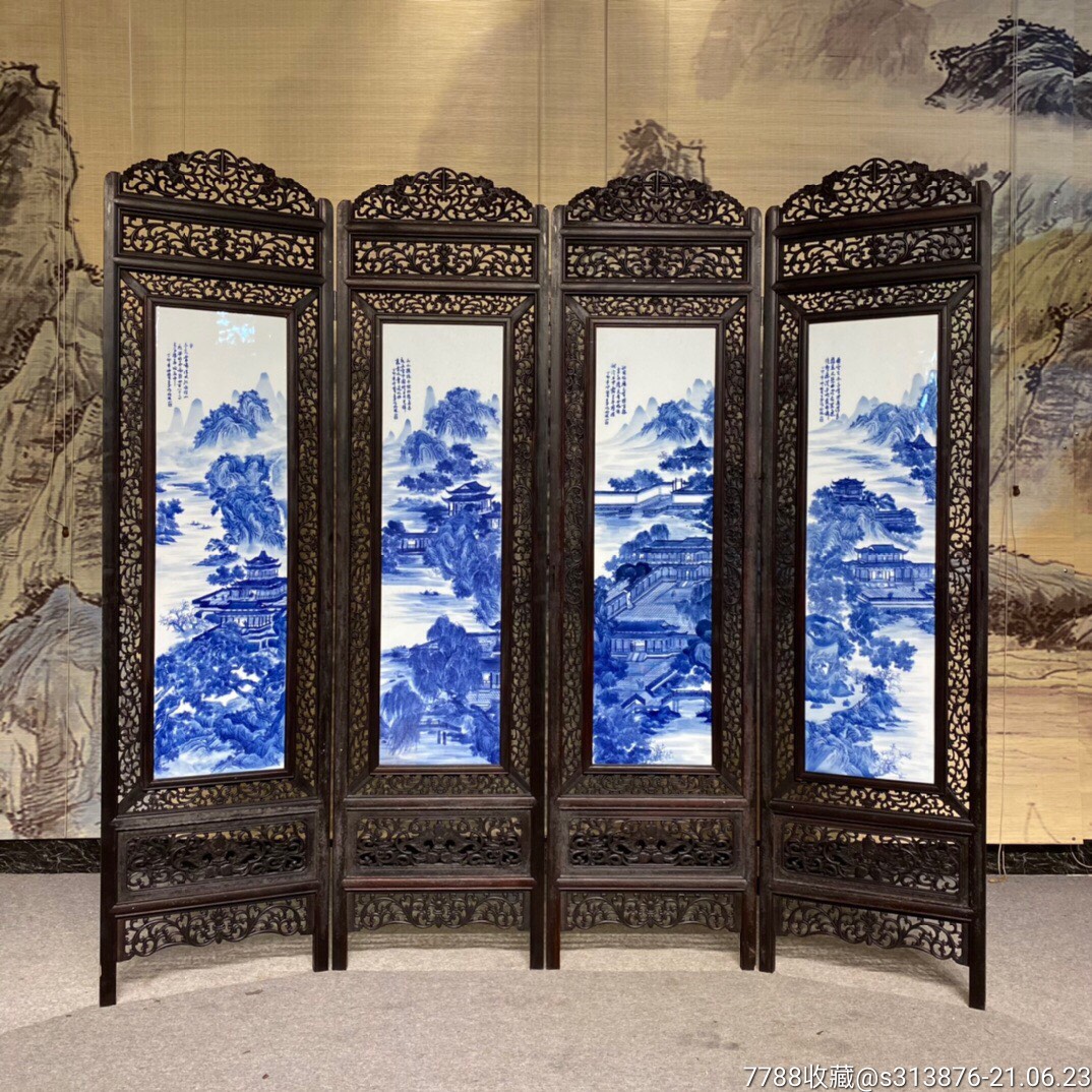 精品青花山水瓷板画屏风折屏