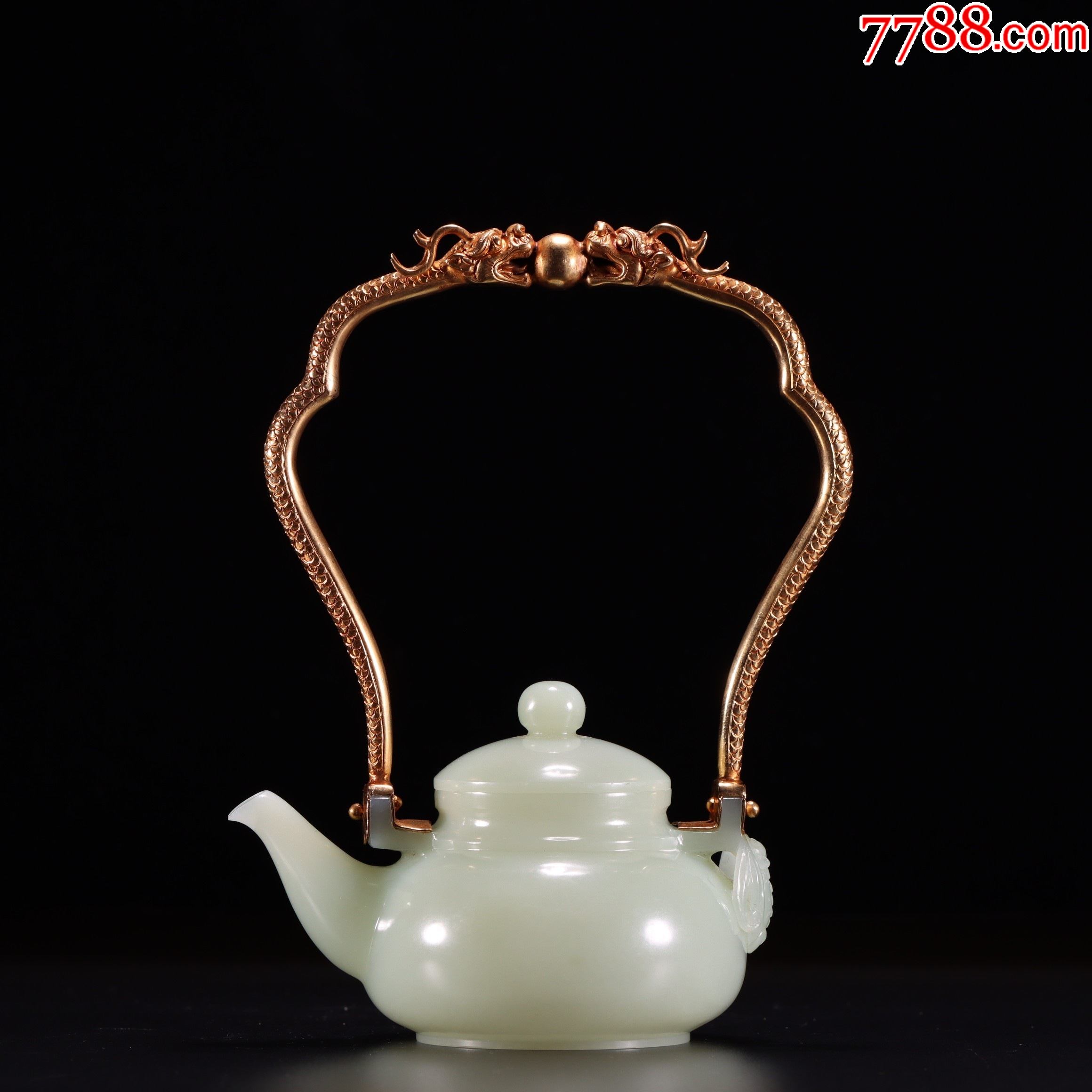 和田玉银鎏金双龙戏珠蝙蝠耳提梁壶