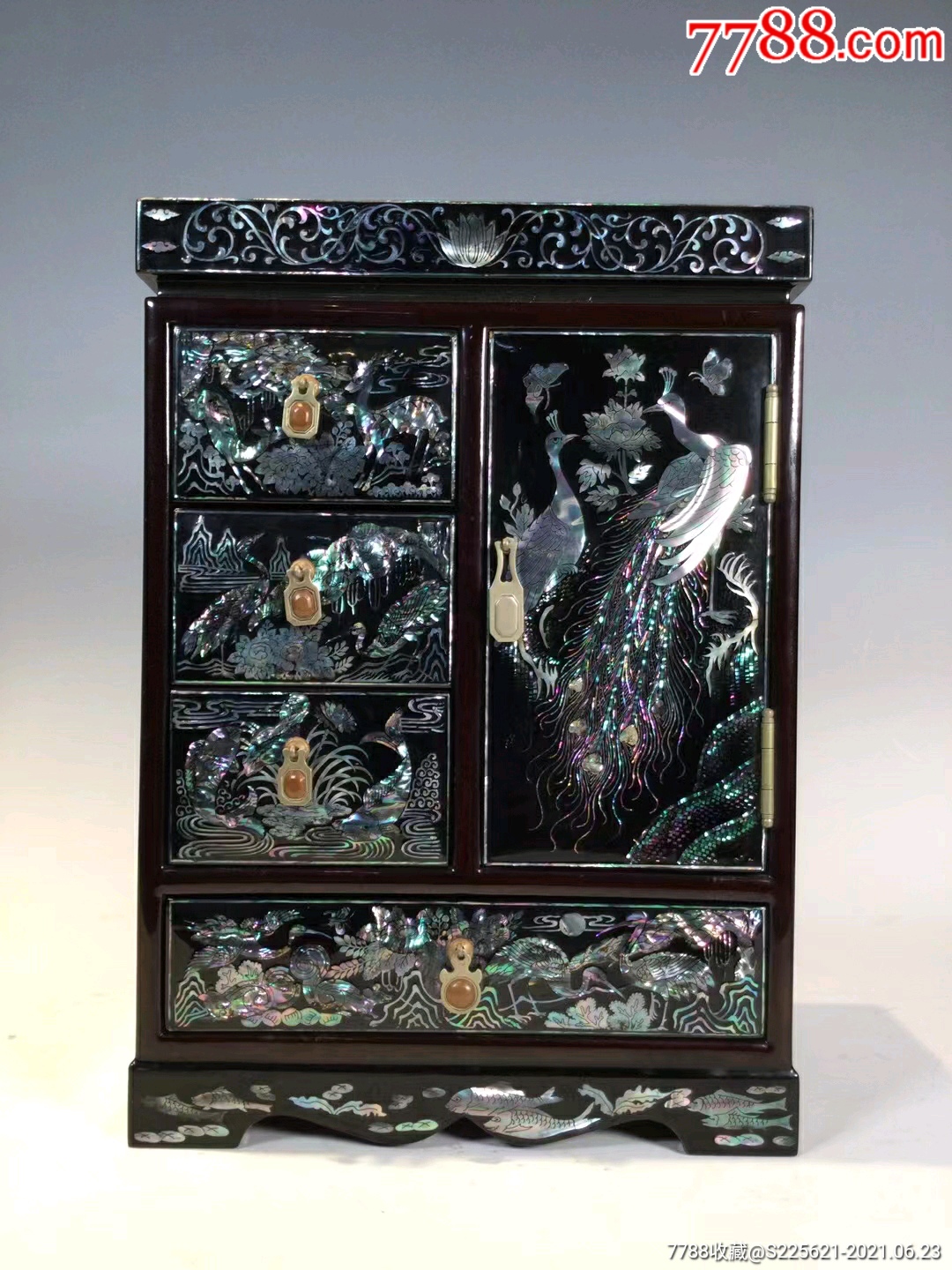 创汇时期木胎大漆嵌彩色螺钿花鸟纹首饰箱-其他旧漆器-7788商城__七七