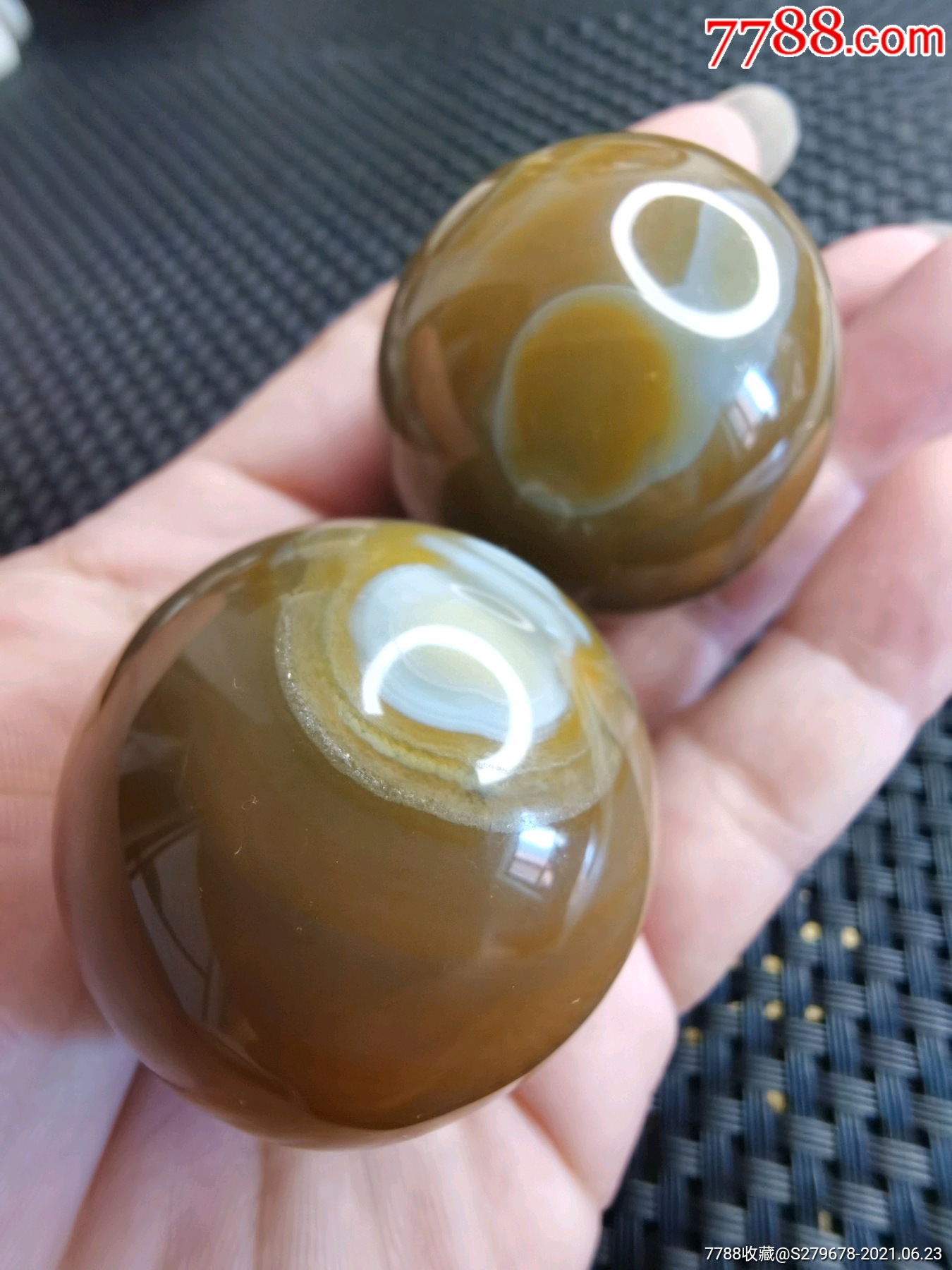 天然保真缠丝玛瑙象形手球一对39mm