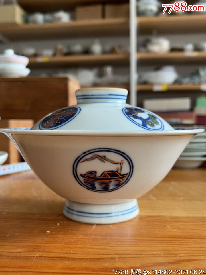 日本肥前手绘青花赤绘彩釉老碗大碗_价格100元【唐亭
