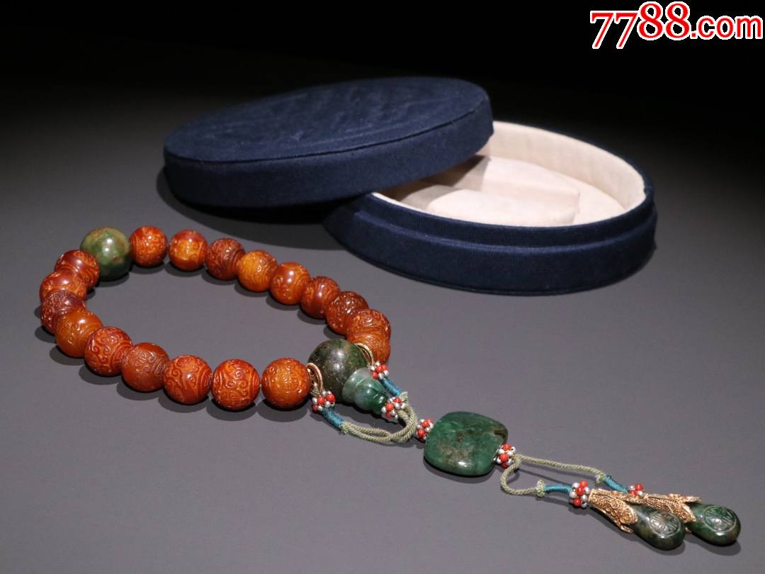 清蜜蜡雕螭龙团寿纹十八子手持-玛瑙/宝石手串-7788商城__七七八八