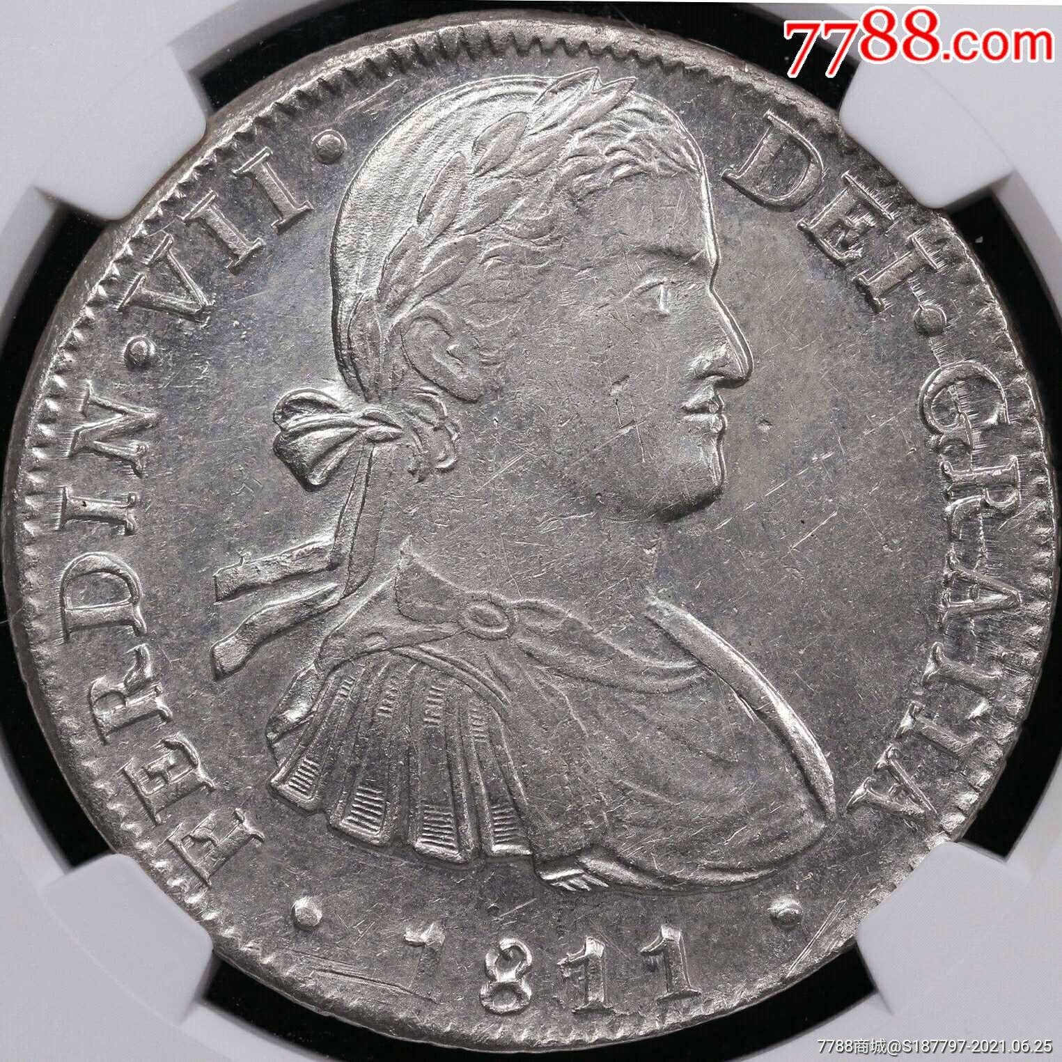 墨西哥mohj版斐迪南七世戎装像8瑞尔双柱大银币-银元/机制银币-7788